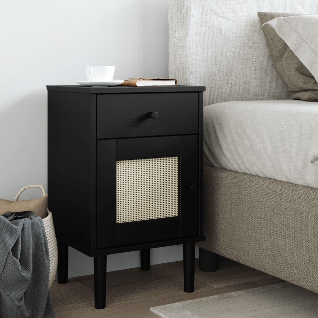 vidaXL Black SENJA Rattan-Look Bedside Cabinet - Solid Wood Pine End Table with UV Varnish, Drawer, Storage Compartment