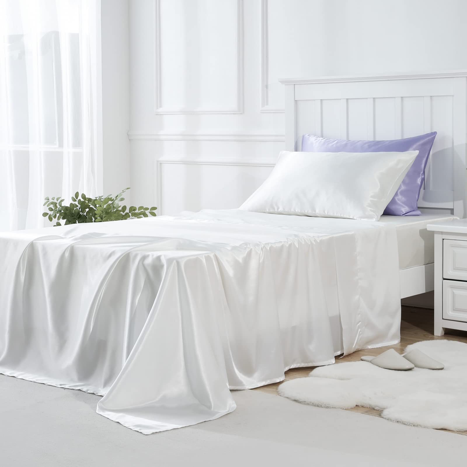 Golal Satin Sheets Twin Size - 3 Pieces Luxury Silky Soft Bed Sheets For Kids, Wrinkle-Free White Satin Silk Sheet Set With 1 Deep Pocket Fitted Sheet, 1 Flat Sheet, 1 Pillow Case