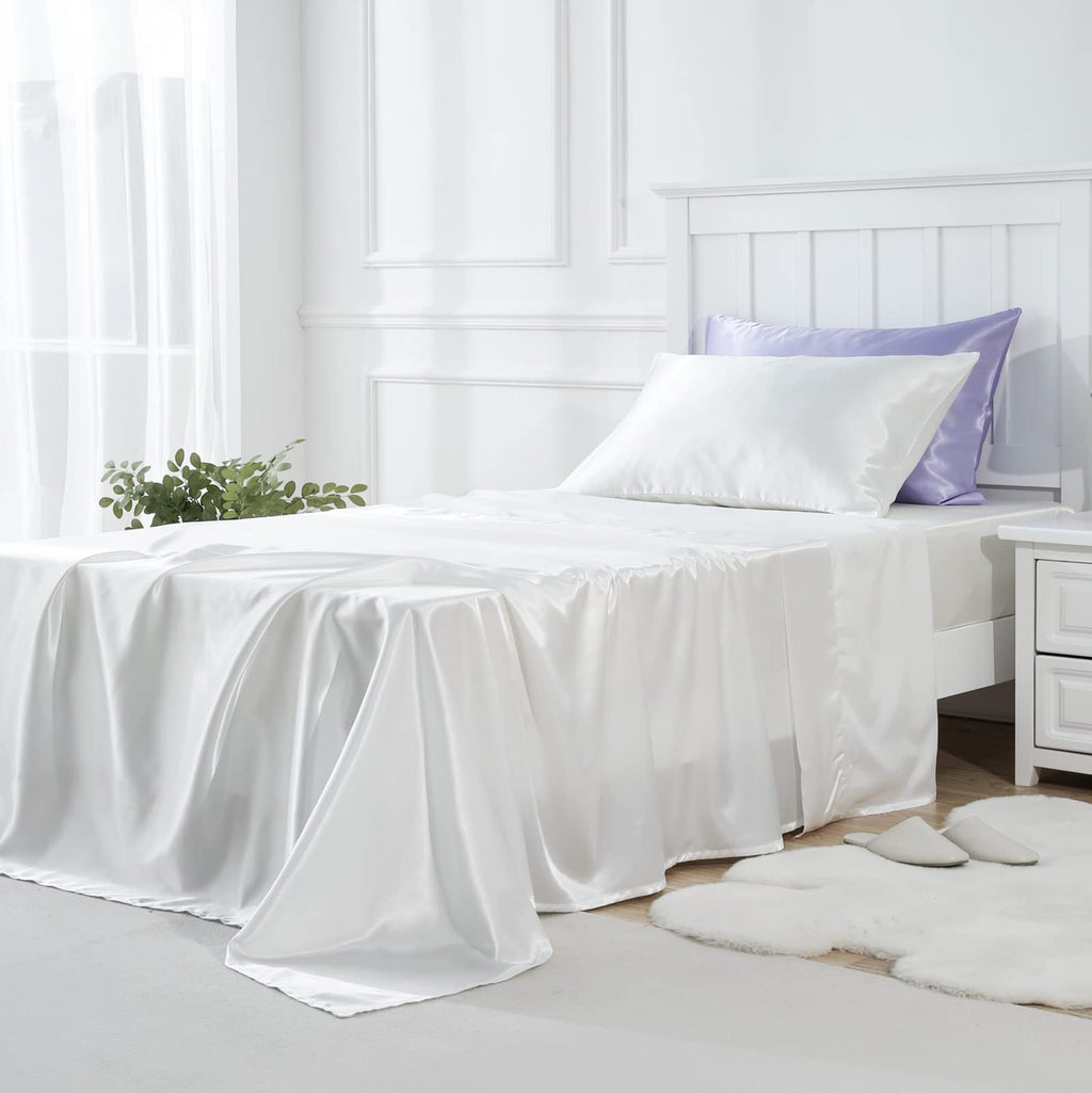 Golal Satin Sheets Twin Size - 3 Pieces Luxury Silky Soft Bed Sheets For Kids, Wrinkle-Free White Satin Silk Sheet Set With 1 Deep Pocket Fitted Sheet, 1 Flat Sheet, 1 Pillow Case