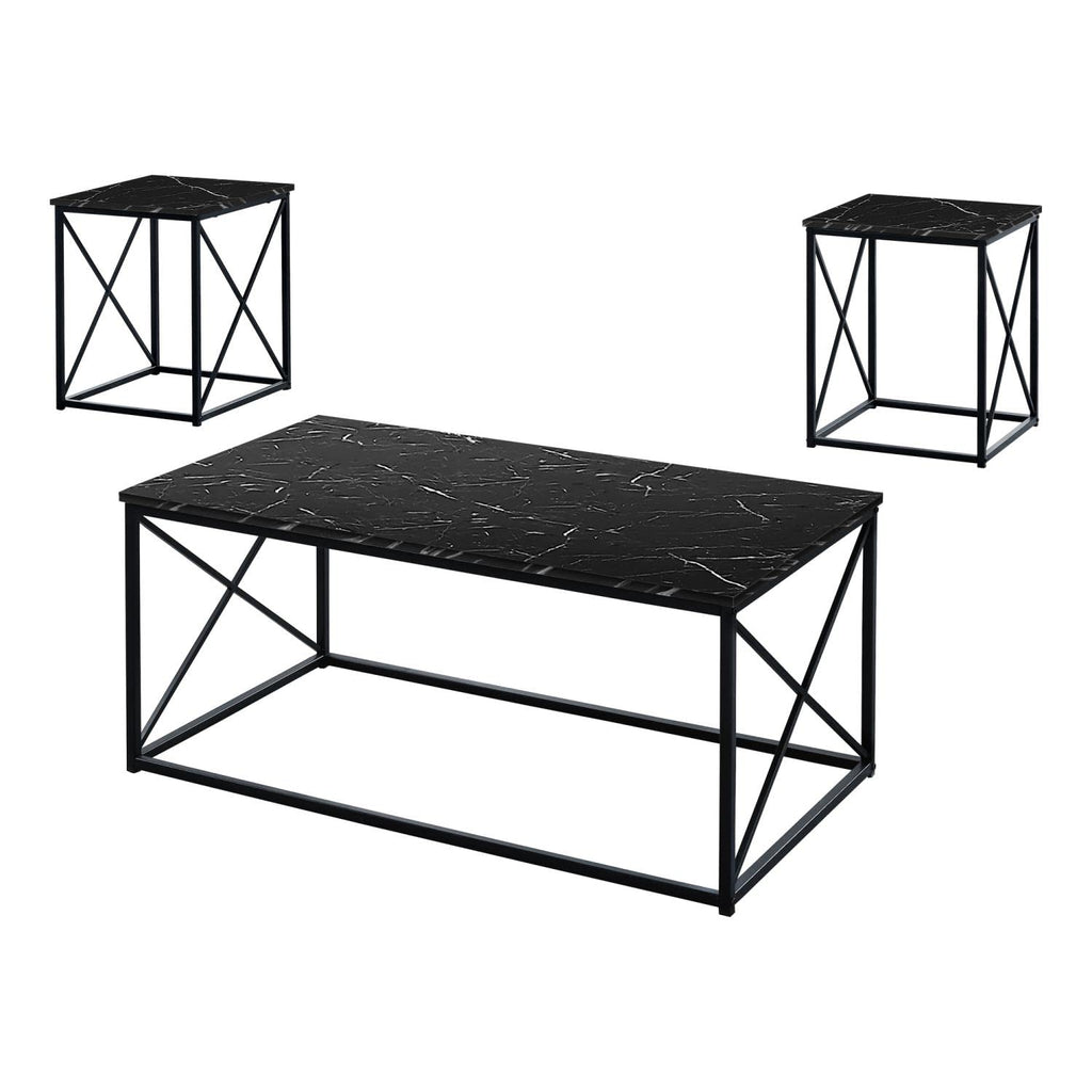 Monarch Specialties 7954P Table, 3pcs Set, Coffee, End, Side, Accent, Living Room, Metal, Laminate, Black Marble Look, Contemporary, Modern Set-3Pcs, 42.25' L x 22' W x 18.25' H