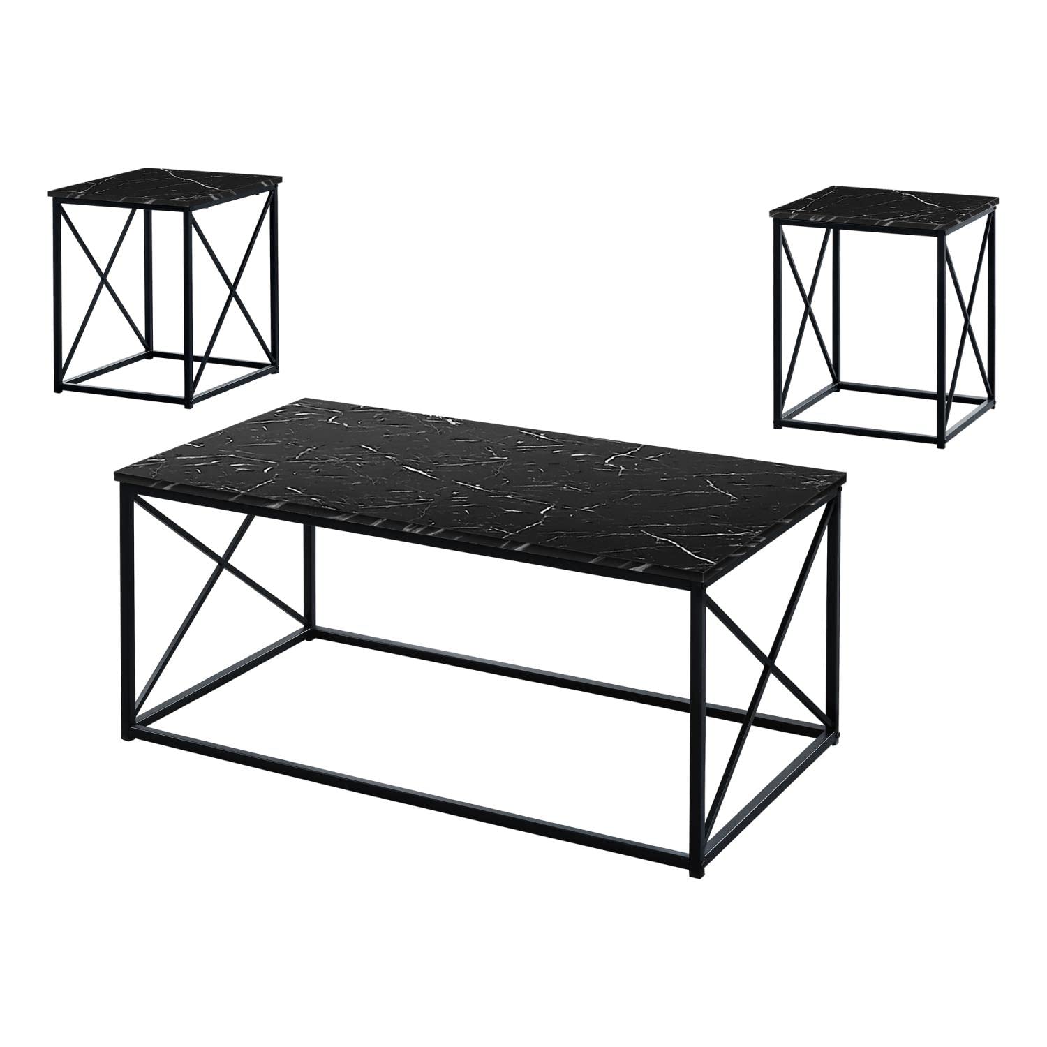 Monarch Specialties 7954P Table, 3pcs Set, Coffee, End, Side, Accent, Living Room, Metal, Laminate, Black Marble Look, Contemporary, Modern Set-3Pcs, 42.25' L x 22' W x 18.25' H