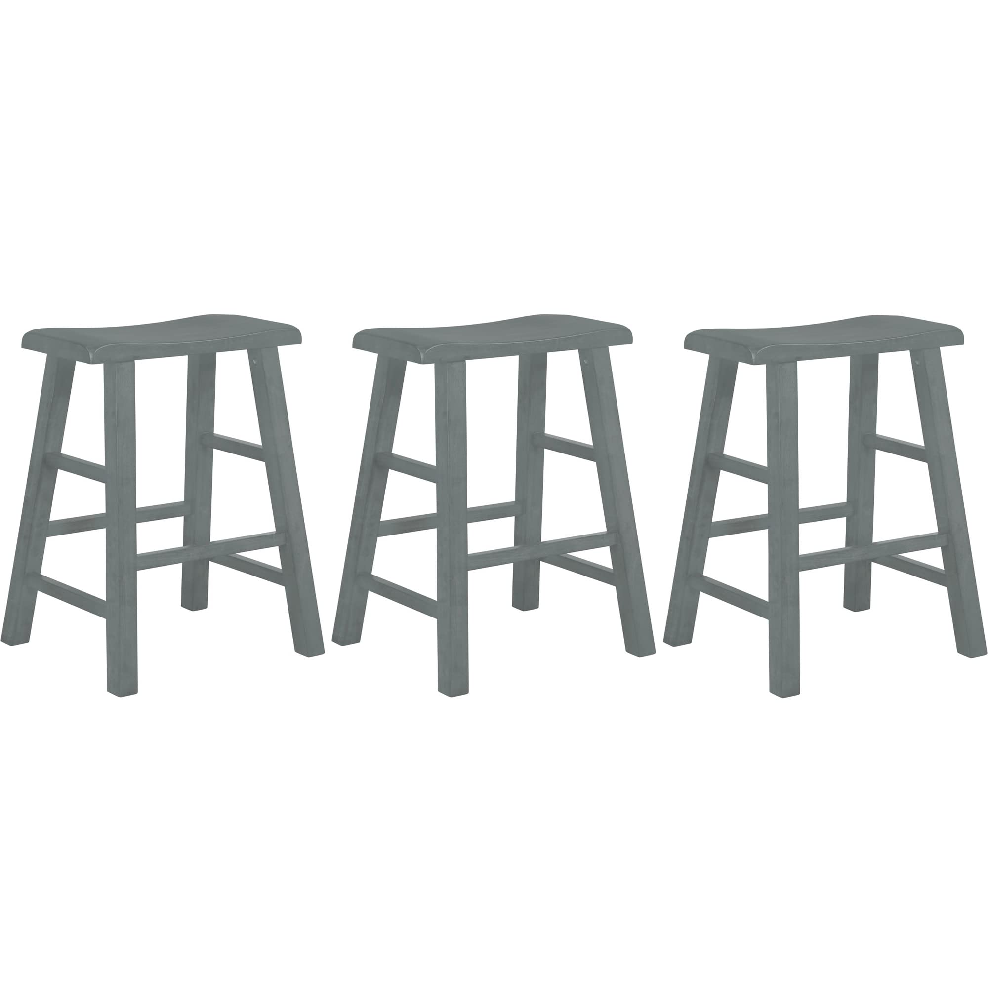eHemco Heavy-Duty Solid Wood Saddle Seat Kitchen Counter Height Barstools, 24 Inches, Gray, Set of 3