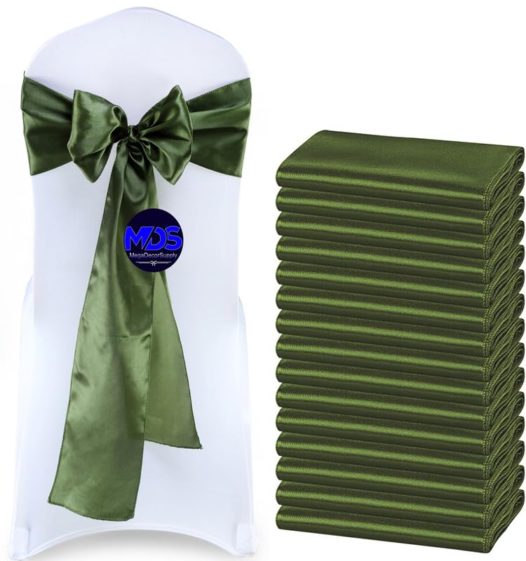 Mds Pack Of 200 Pcs Satin Chair Sashes Charmeuse Sateen Dining Chair Bows Ribbon Ties Back Sash For Wedding Party Birthday Home Hotel Restaurant Banquet Decoration (7 X 108 Inch, Olive Green)