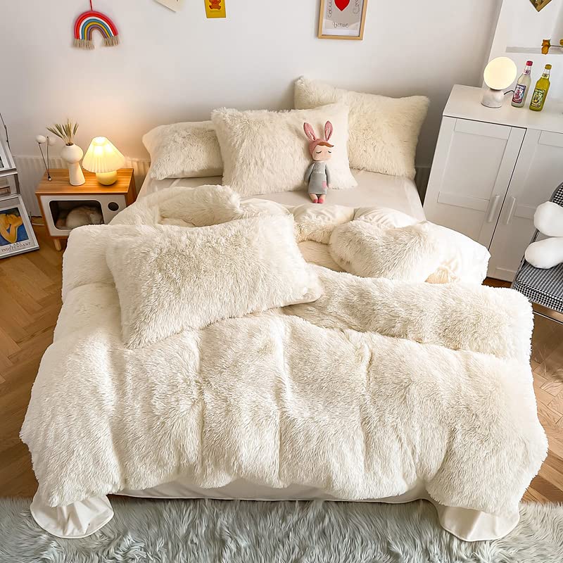 chovy Faux Fur Plush Milky White Comforter Sets King - Ultra Soft Shaggy Flannel Velvet Fluffy Fuzzy 3PC Bedding Set (Comforter 