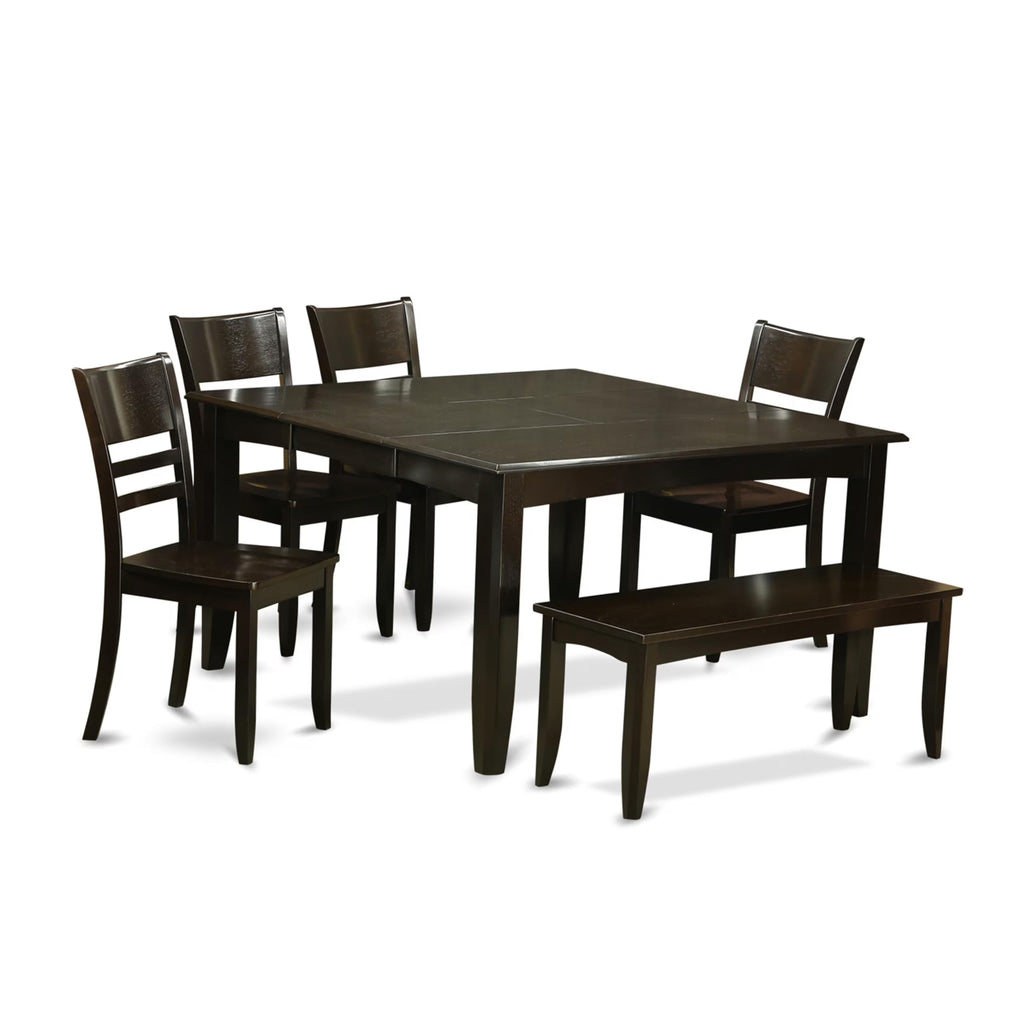East West Furniture PFLY6-CAP-W 6 Piece Dining Set Contains a Square Dining Room Table with Butterfly Leaf and 4 Kitchen Chairs with a Bench, 54x54 Inch, Cappuccino