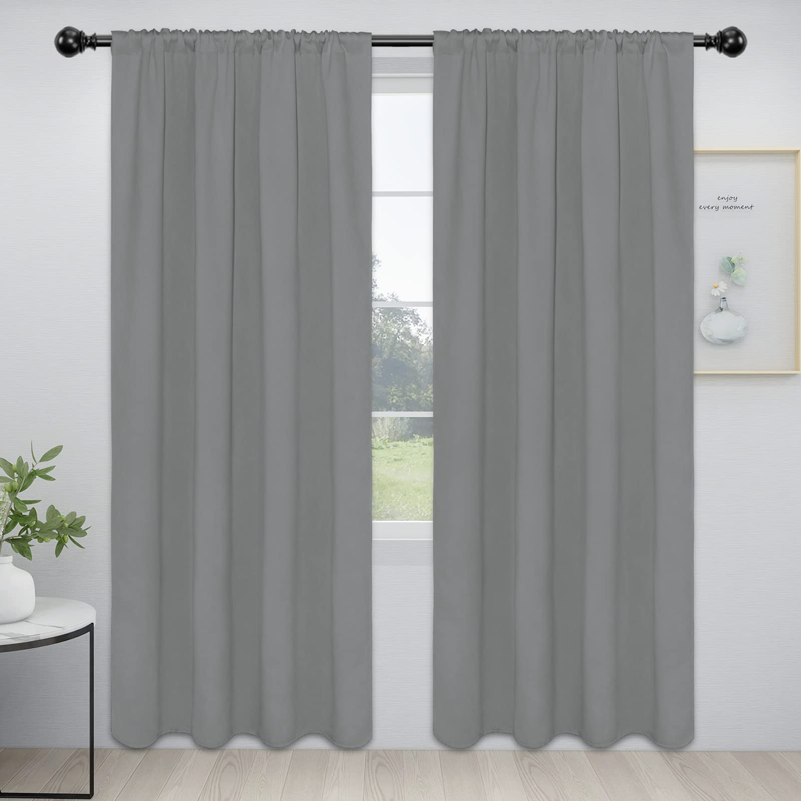 Easy-Going Rod Pocket Blackout Curtains For Bedroom, Room Darkening Window Curtains For Living Room, Thermal Insulated Noise Reduction Solid Window Drapes, 2 Panels(52X96 In, Light Gray)