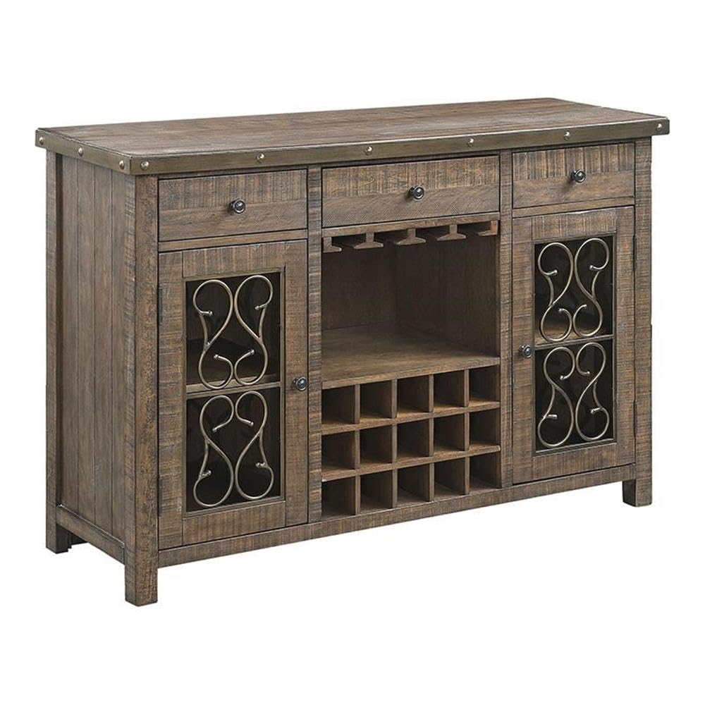 Acme Raphaela Wooden Server with Cup Holder and Wine Rack in Weathered Cherry
