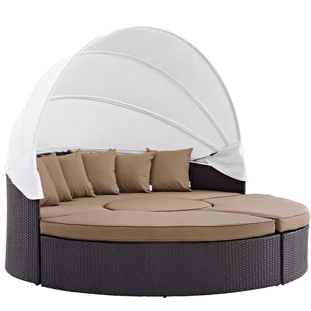 Modway Convene Wicker Rattan Outdoor Patio Retractable Canopy Round Poolside Sectional Sofa Daybed With Cushions In Espresso Mocha
