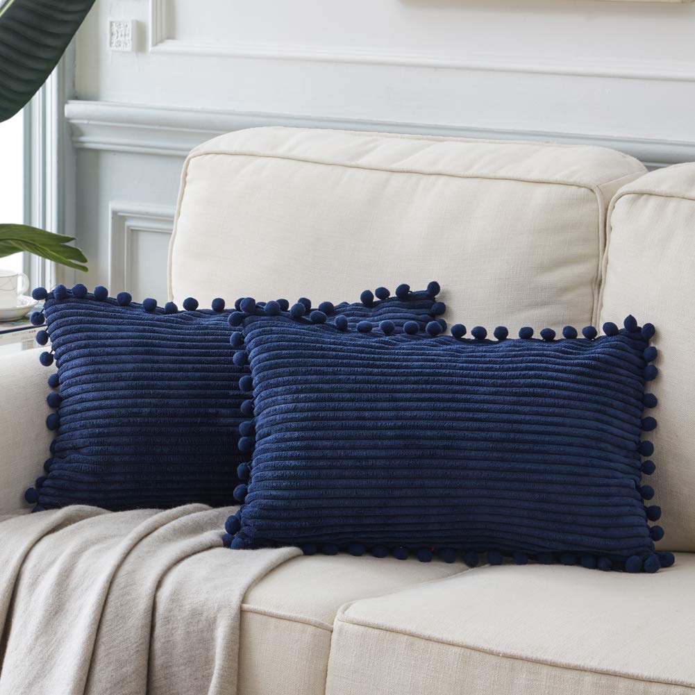 Fancy Homi Pack Of 2 Boho Lumbar Decorative Throw Pillow Covers With Pom-Poms, Soft Corduroy Solid Rectangle Cushion Cases Set F