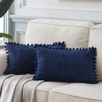Fancy Homi Pack Of 2 Boho Lumbar Decorative Throw Pillow Covers With Pom-Poms, Soft Corduroy Solid Rectangle Cushion Cases Set F