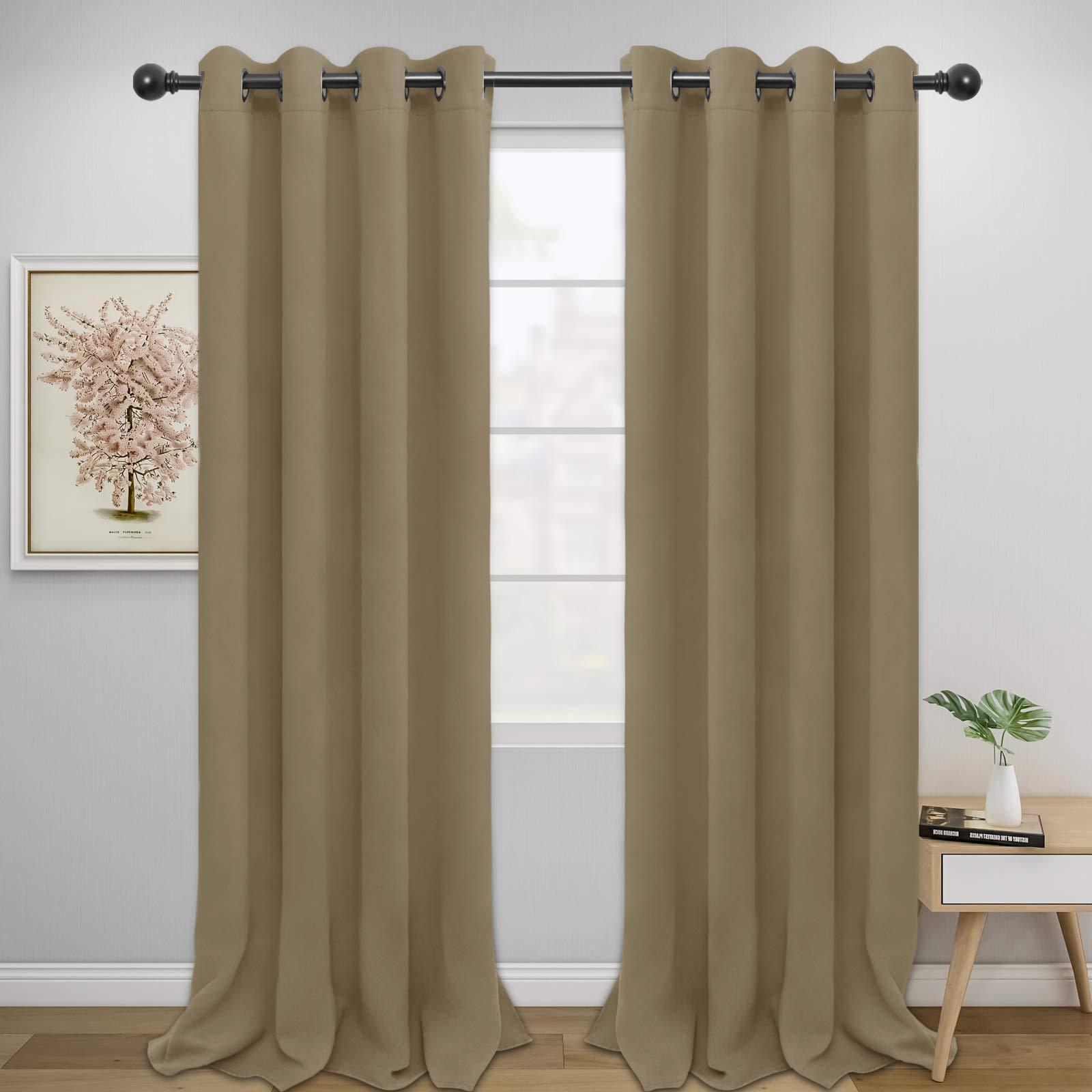 Easy-Going Blackout Curtains For Bedroom, Solid Thermal Insulated Grommet And Noise Reduction Window Drapes, Room Darkening Curtains For Living Room, 2 Panels (52X96 In,Tan)