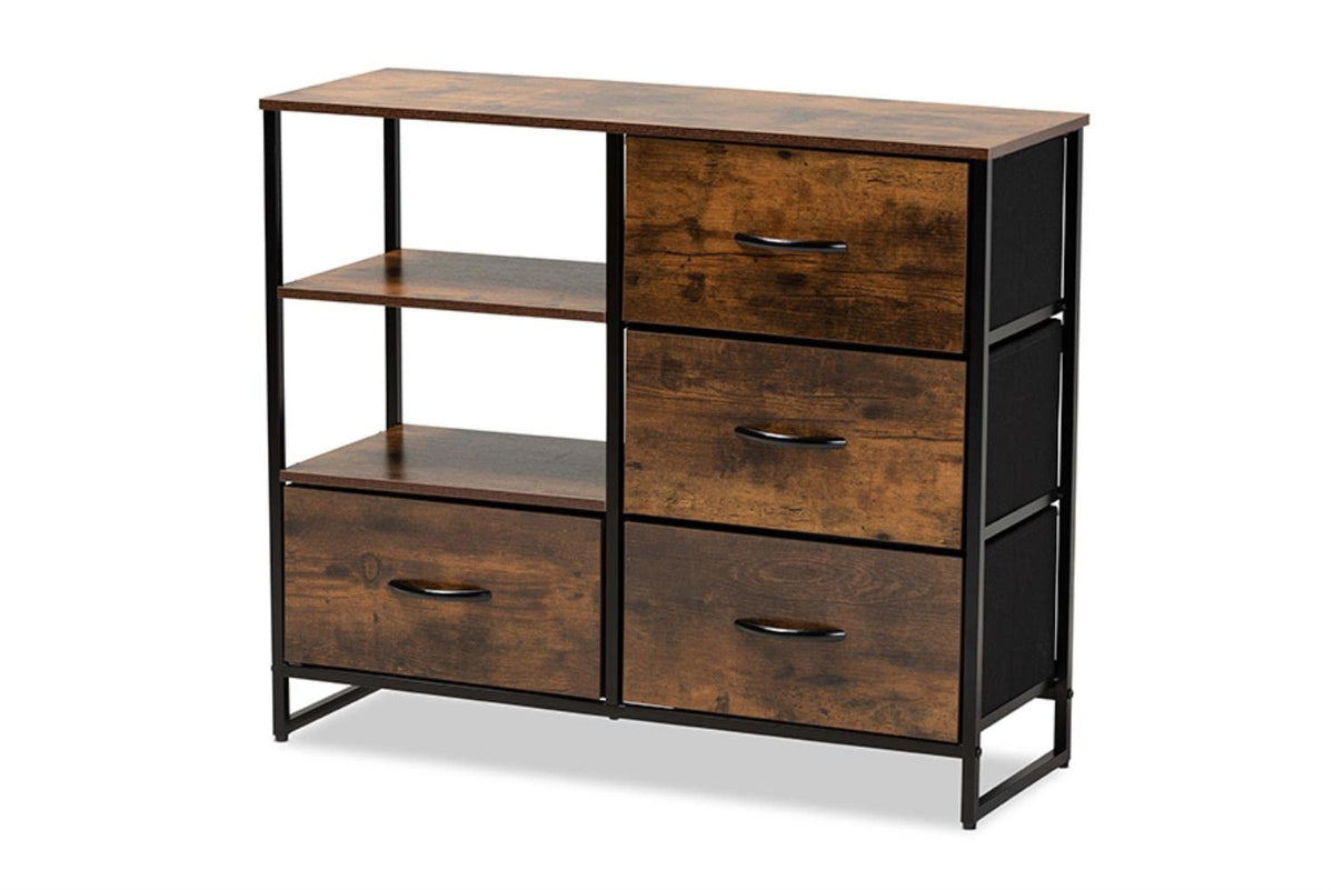 Baxton Studio Hakan Modern Industrial Walnut Brown Finished Wood and Black Metal 4-Drawer Storage Cabinet