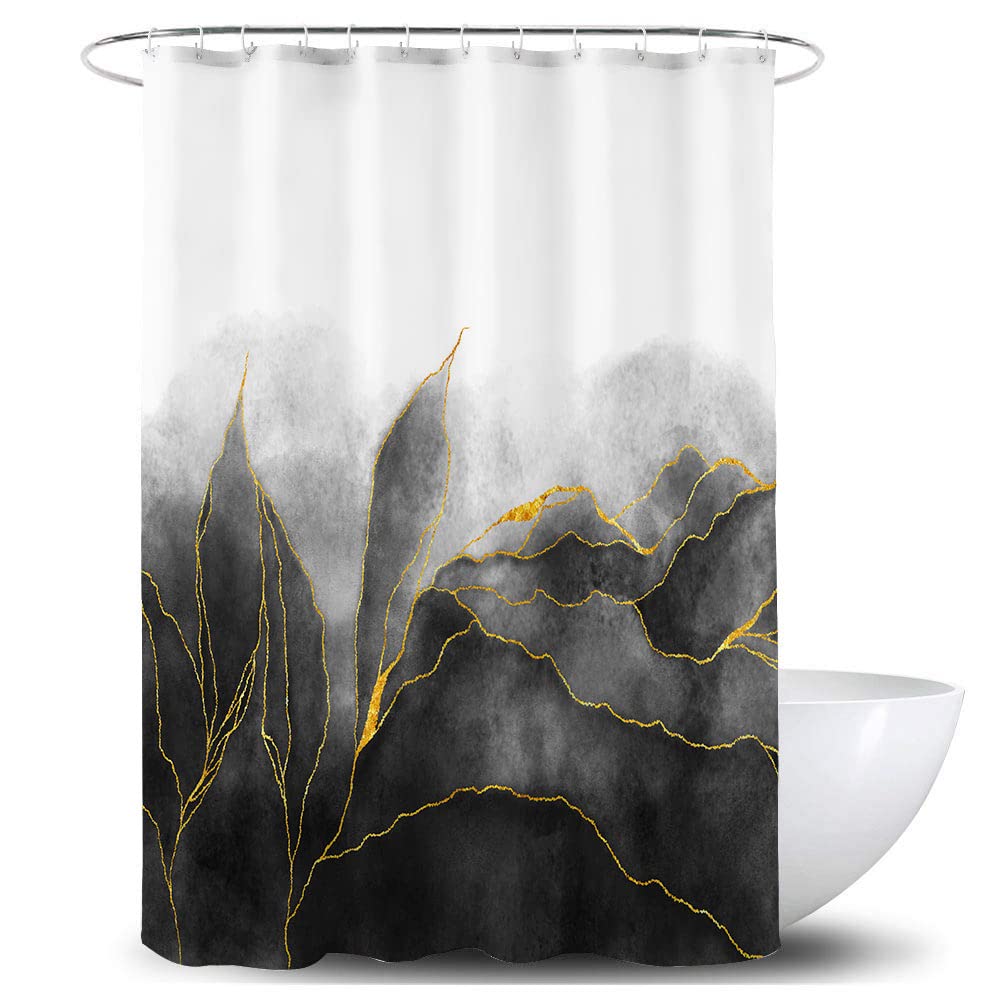 De-Mediocre Black And Gold Shower Curtain Stylish Ombre Black Marble Bath Art Decor Curtains Abstract White Golden Leaves Fabric