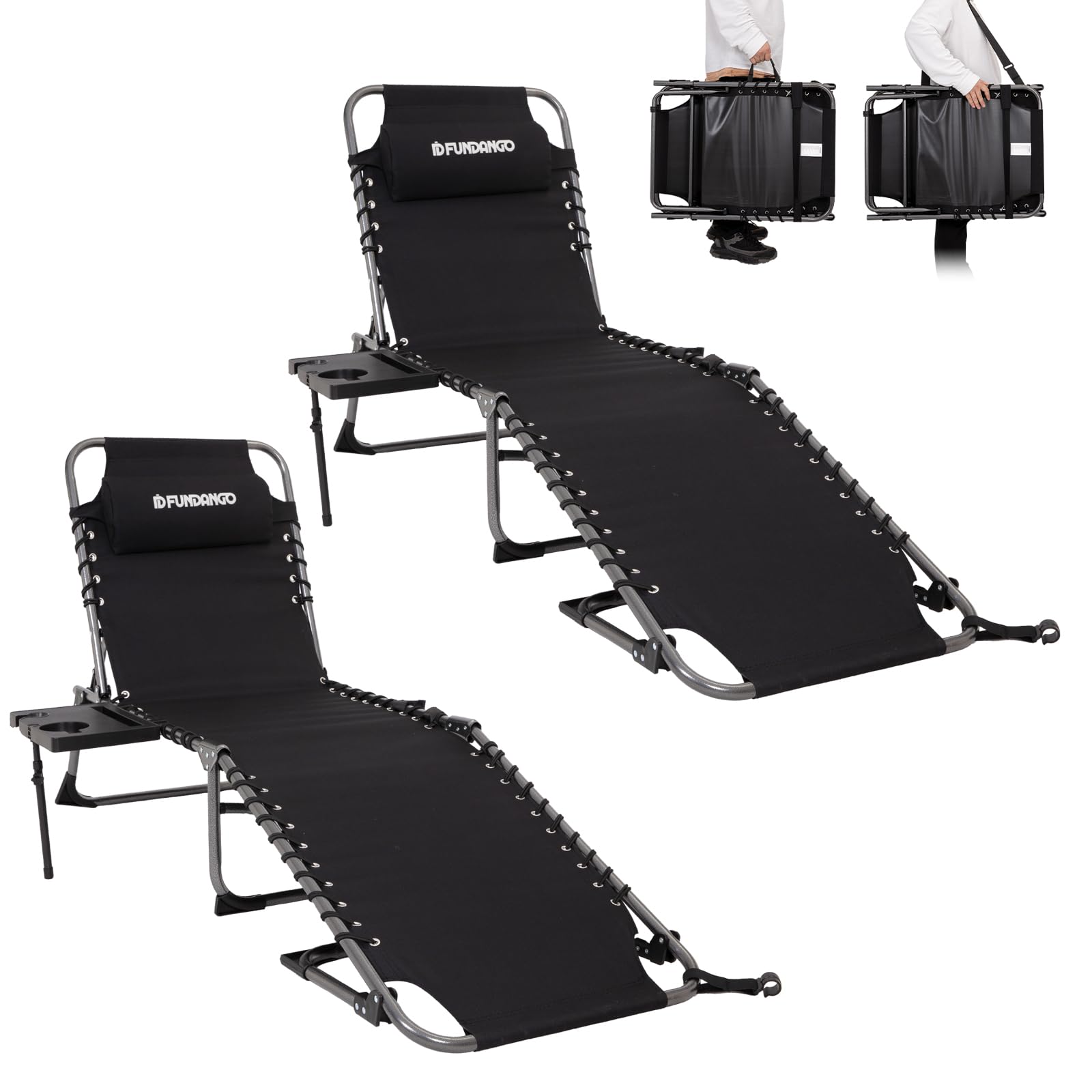 Fundango Outdoor Folding Chaise Lounge Chair For Beach, Sunbathing, Pool Adjustable 5-Position Portable Camping Reclining Lounge Chair Patio Chaise Lounge Chair With Pillow Side Table