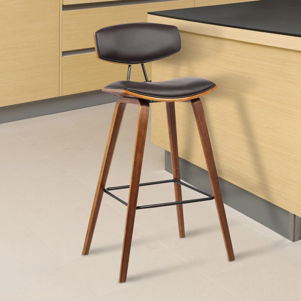 HomeRoots Poplar, Metal, Faux Leather 26â€ Brown Faux Leather Mid Century Modern Bar Stool