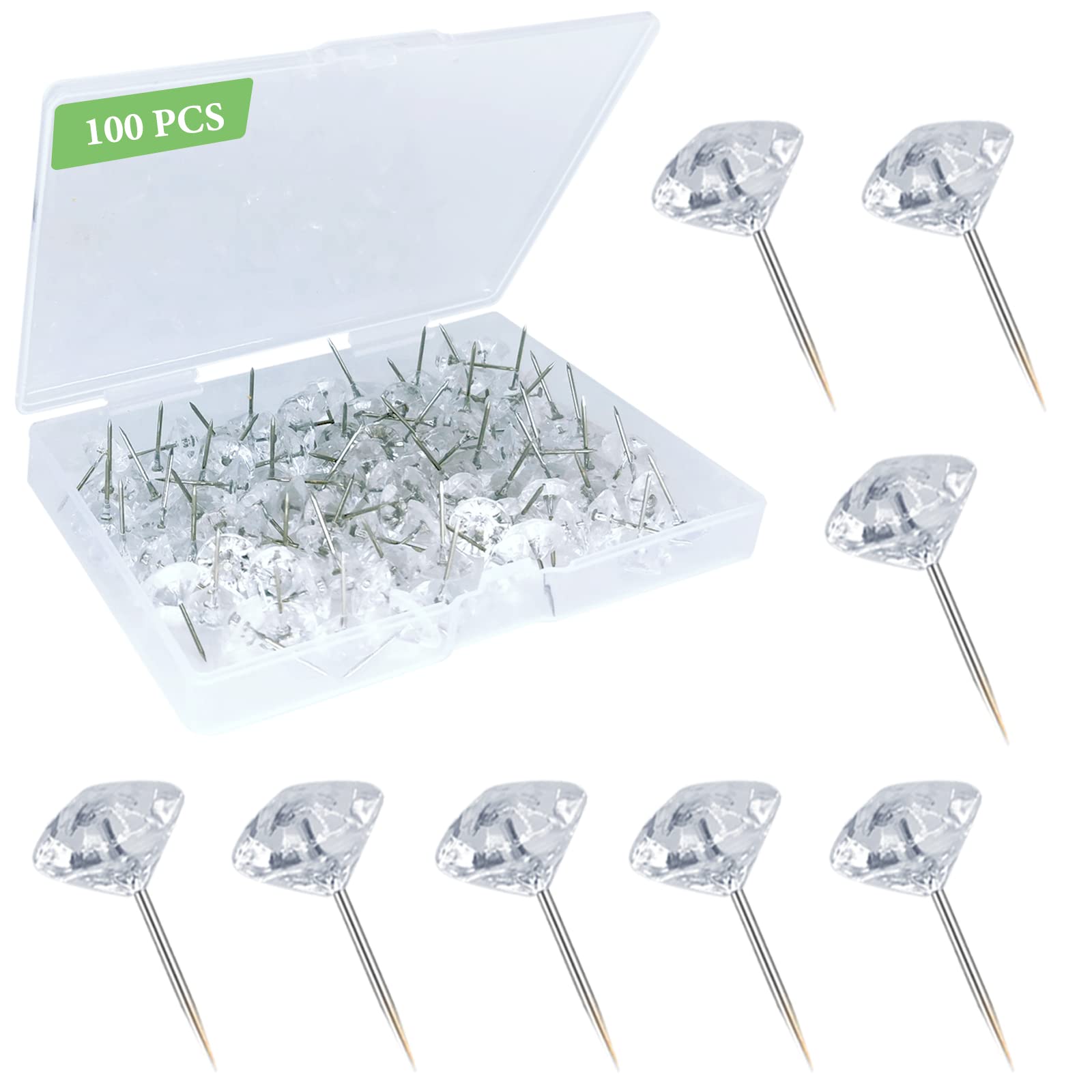 100Pcs Clear Push Pins For Cork Board, Decorative Thumb Tacks For Wall Hangings, Transparent Diamond Push Pin For Bulletin Board