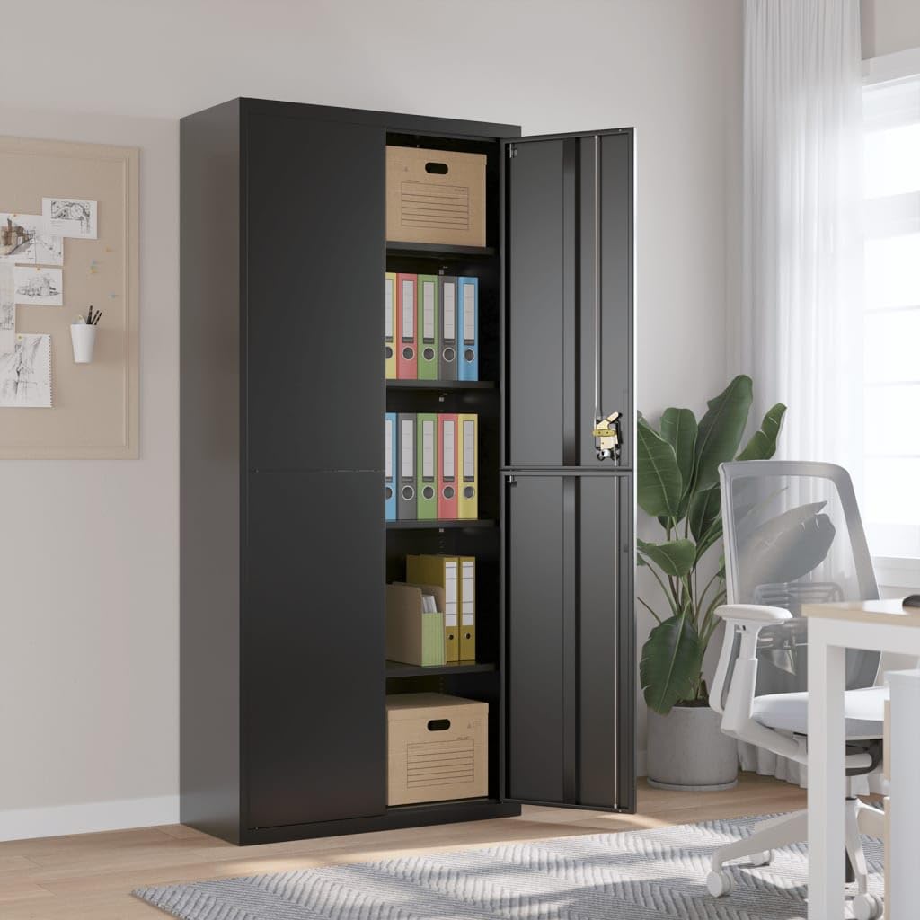 vidaXL File Cabinet Lockable Storage Filing Cabinet with Doors Black Steel