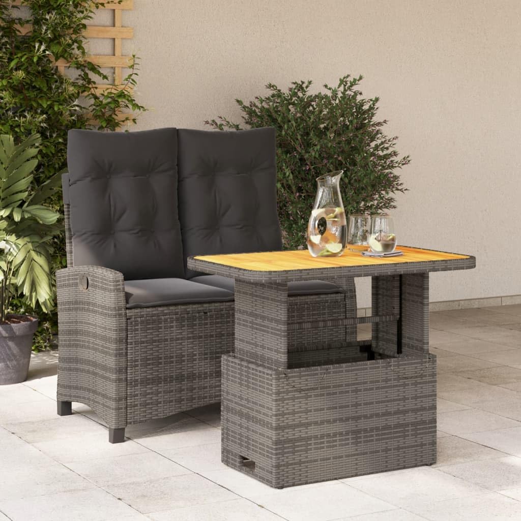vidaXL Patio Dining Set with Cushions Gray Poly Rattan - 2 Piece Garden Outdoor Bench and Table - Adjustable Backrest and Tabletop, Weather-Resistant for Yard/Backyard/Deck