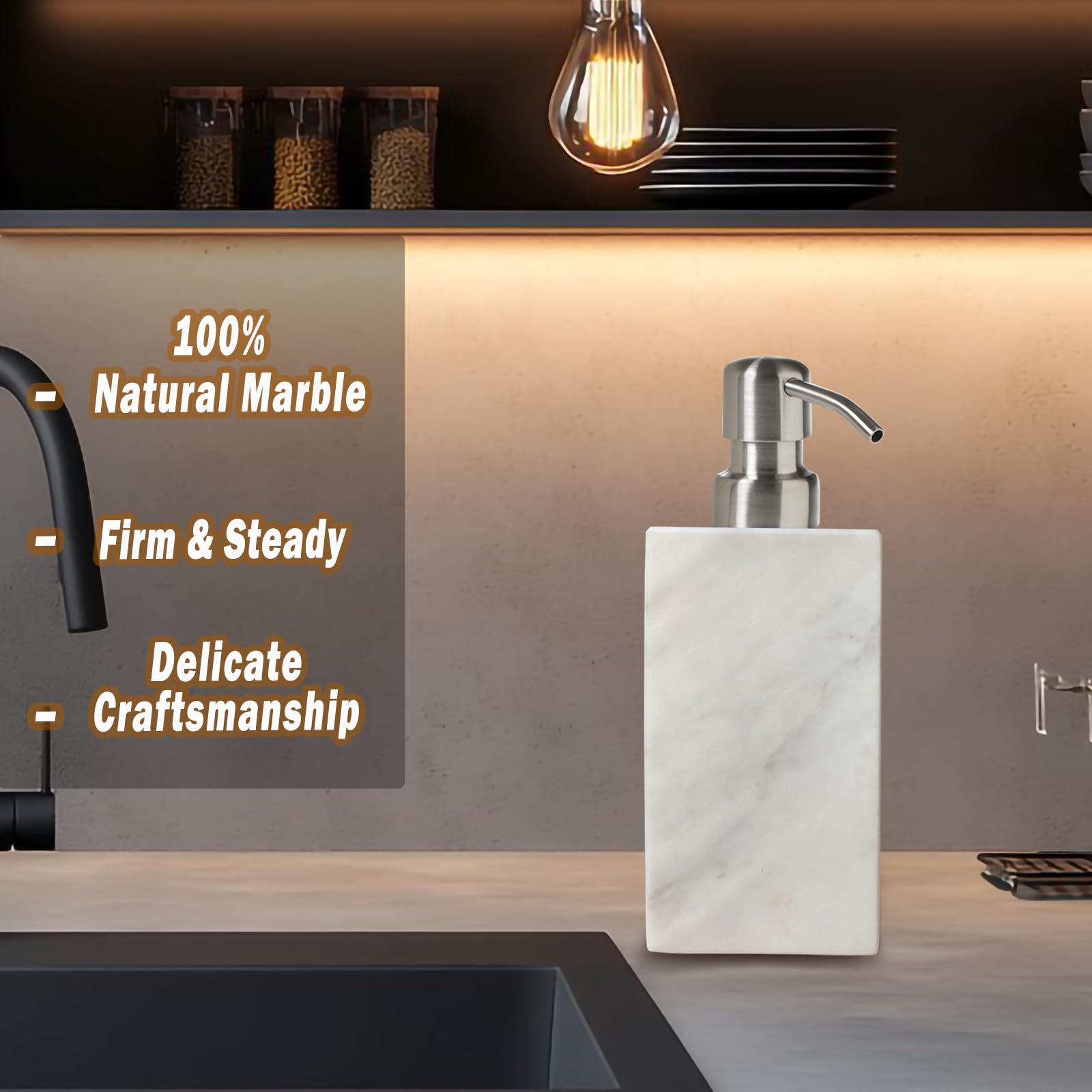 Hand Liquid&Lotion Soap Dispenser Pump Bottle Natural Marble For Kitchen Bathroom Countertop Laundry Room Holds Dish Soap Shampo