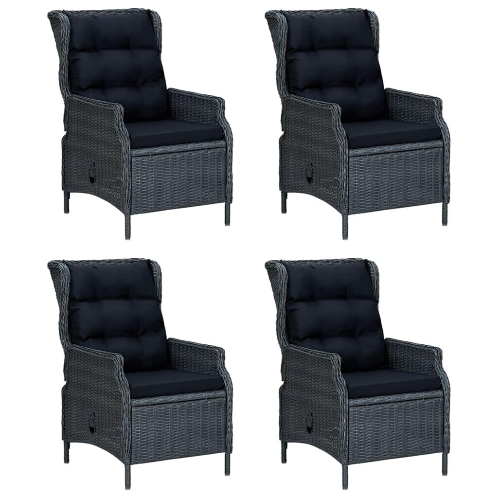 vidaXL Patio Dining Set 5 Piece – Dark Gray Poly Rattan, Adjustable Backrest Chairs, Tempered Glass Tabletop – Outdoor/Garden/Deck Furniture