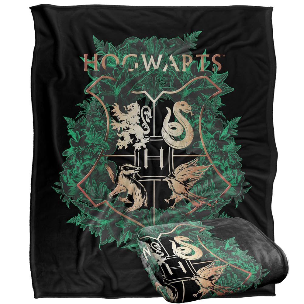 Harry Potter Blanket, 60x80 Hogwarts Green and Gold Floral Crest Silky Touch Super Soft Throw Blanket
