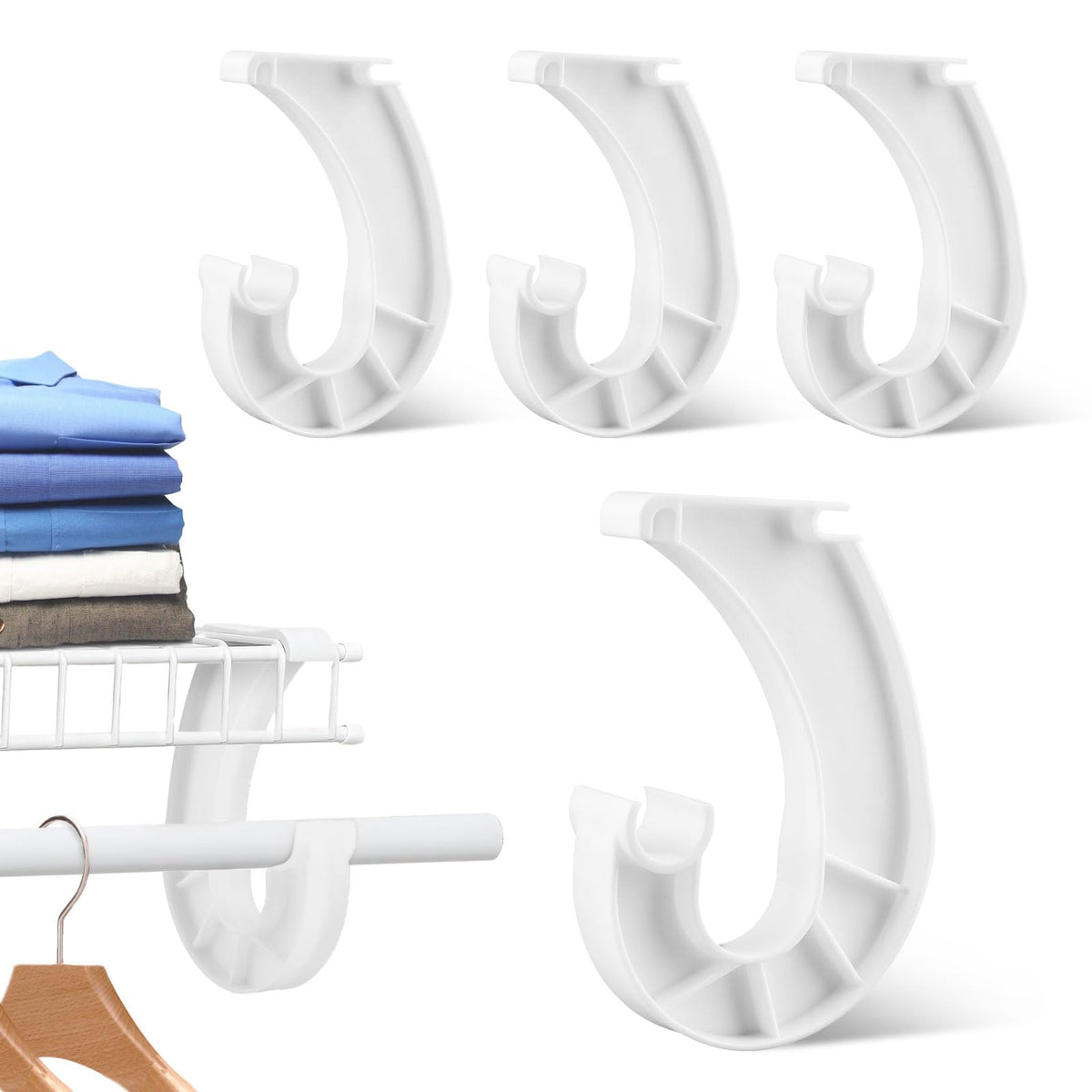 4Pcs Hanging Closet Rod Support, Plastic Closet Shelf Rod Holder, Sturdy JShaped Hooks Hanging Clothes, Cabinets Storage and Cu