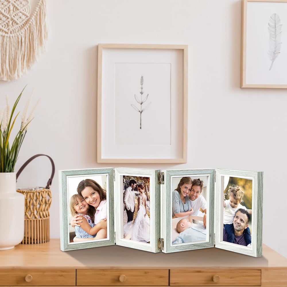 POILKMNI 4-Panel Hinged Picture Frame Rustic Wood 5x7 Grey