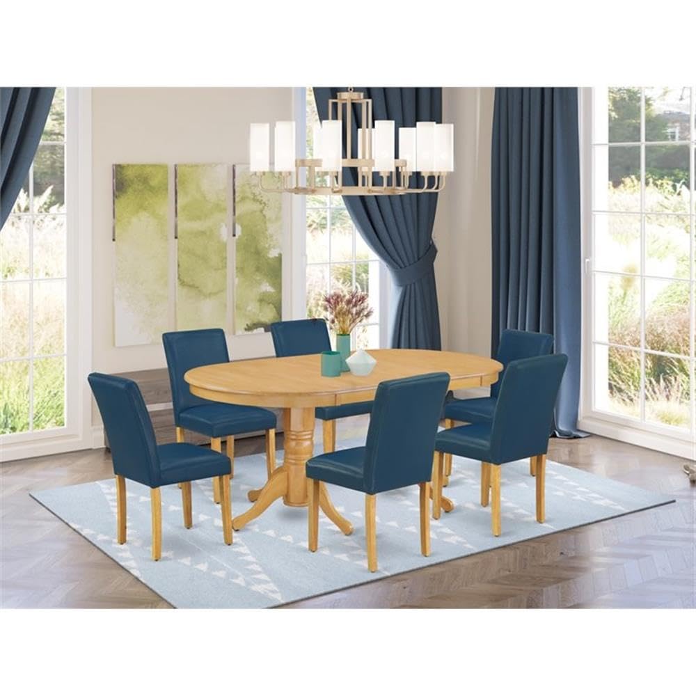 East West Furniture Vaab7-Oak-55 7 Piece Dinette Set Consist Of An Oval Dining Room Table With Butterfly Leaf And 6 Oasis Blue Faux Leather Upholstered Chairs, 40X76 Inch, Oak