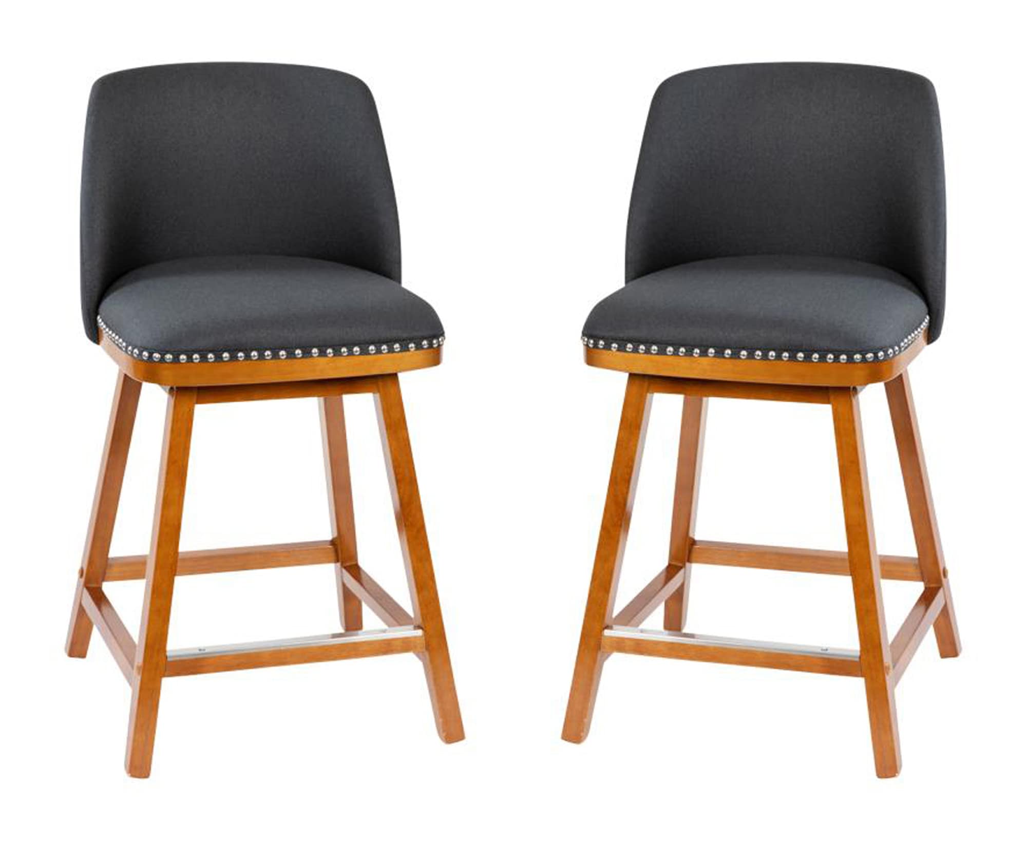 Flash Furniture Julia Set of 2 Transitional Counter Stools - Charcoal Faux Linen Upholstery - Silver Nailhead Trim - 24 Inch - Walnut Finish Wood Frames