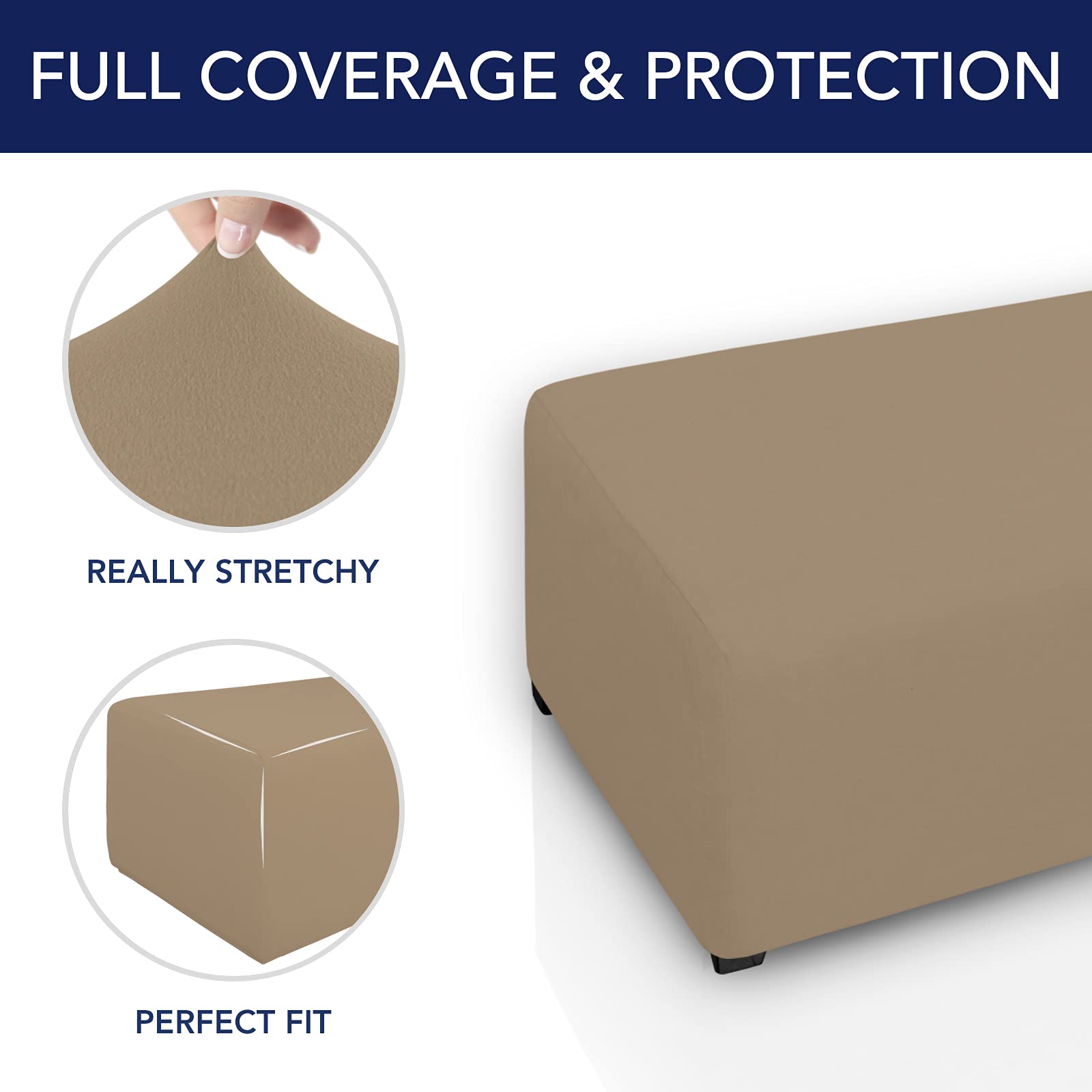Purefit Super Stretch Soft Form Fit Ottoman Cover Rectangle - Ottoman Slipcovers For Foot Stool & Folding Storage Furniture For Living Room With Nonslip Elastic Bottom (Medium, Camel)
