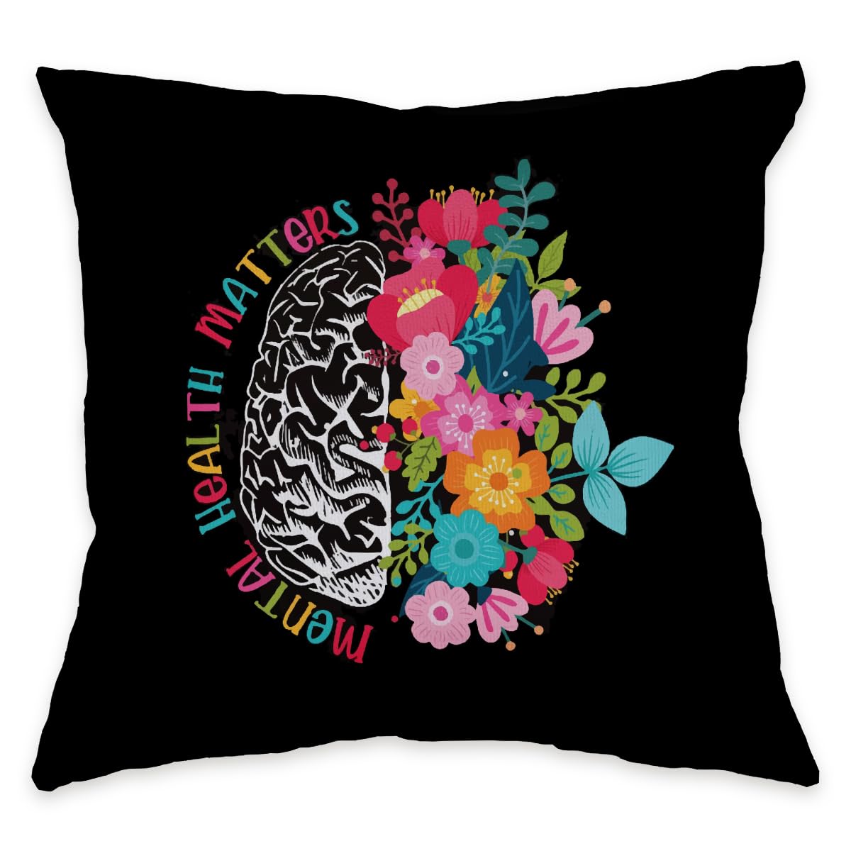 Znzd Mental Health Matters Floral Brain Anatomy Art Reversible Throw Pillow Cover Decorate Home Bedroom Therapy Office School Co