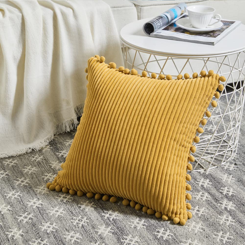Fancy Homi 22X22 Pillow Covers, 2 Packs Mustard Yellow Throw Pillow Covers With Pom-Poms, Super Soft Corduroy Square Solid Cushi