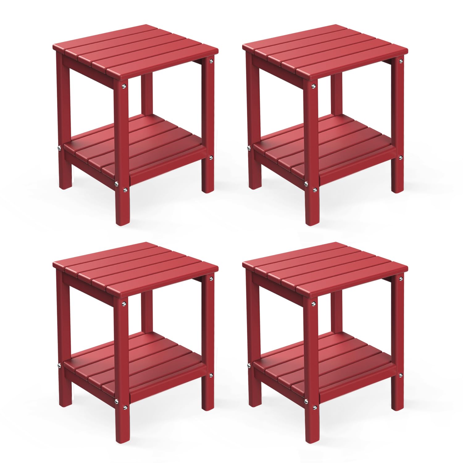 Greenvines Adirondack-Outdoor-Side-Table | Set Of 4 | 14 X 13 Inches | Hdpe Plastic | All Weather | Red | Outside End Tables | Storage Shelf | For Patio Porch Backyard Indoor