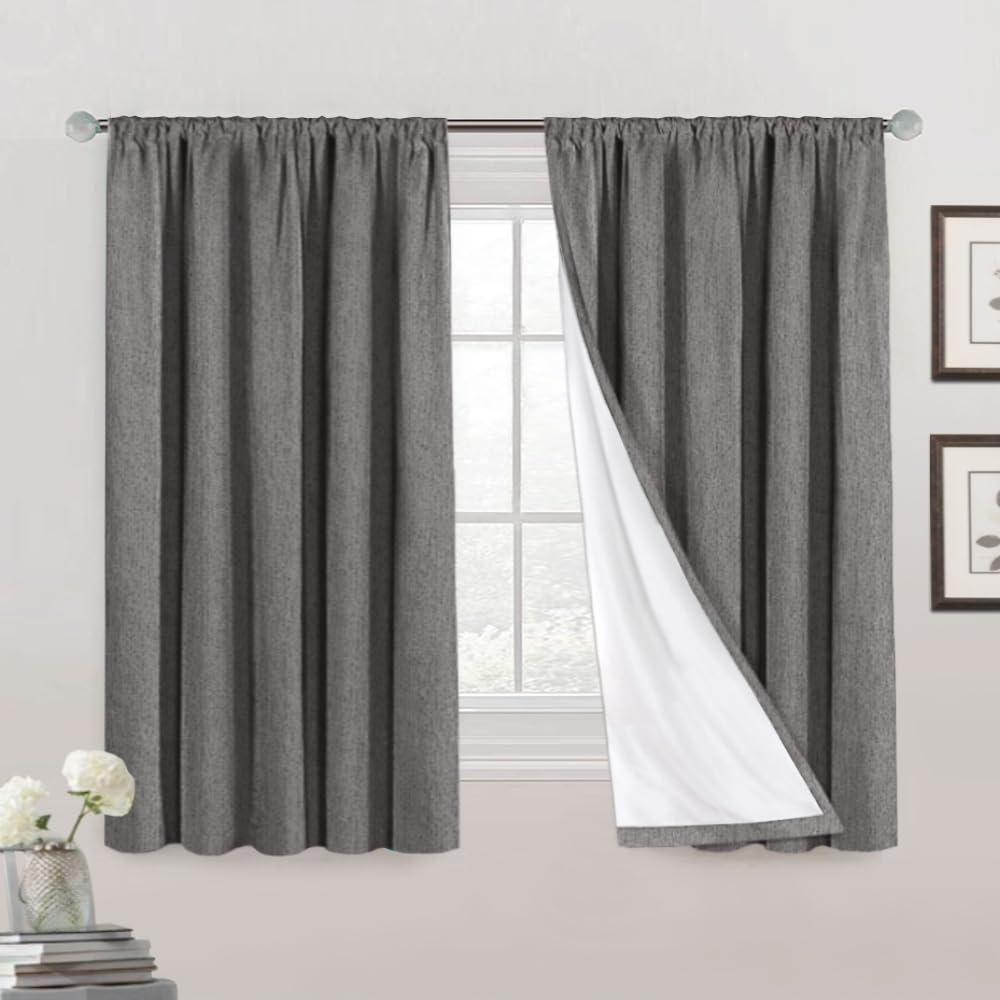 100% Blackout Curtains Primitive Linen Textured Curtain Drapes For Bedroom Full Light Blocking Window Curtains Draperies For Living Burlap Fabric Soft With White Liner (52'W X 63'L, Grey)