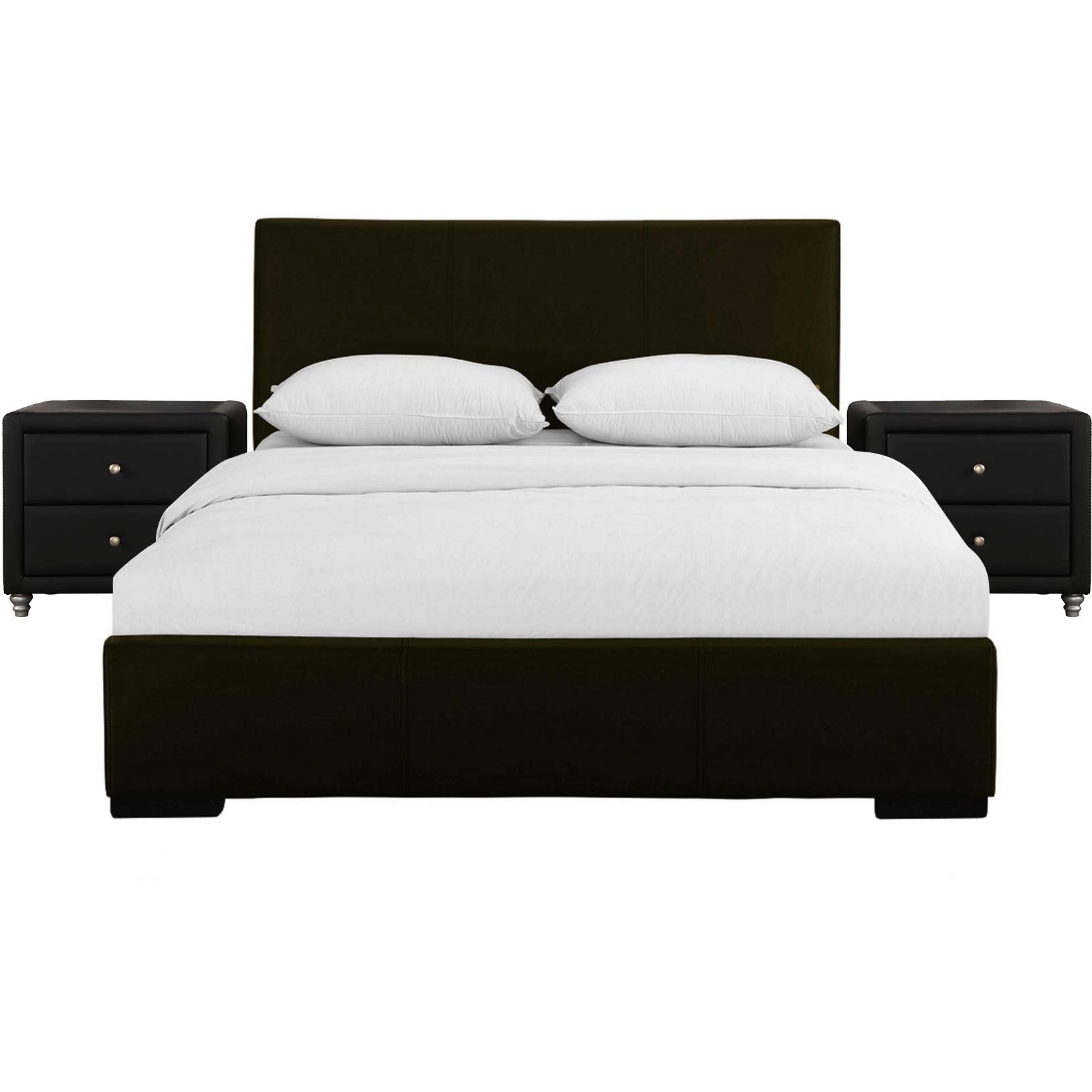 Hindes Upholstered Platform Bed, Brown, King with 2 Nightstands/ Brown