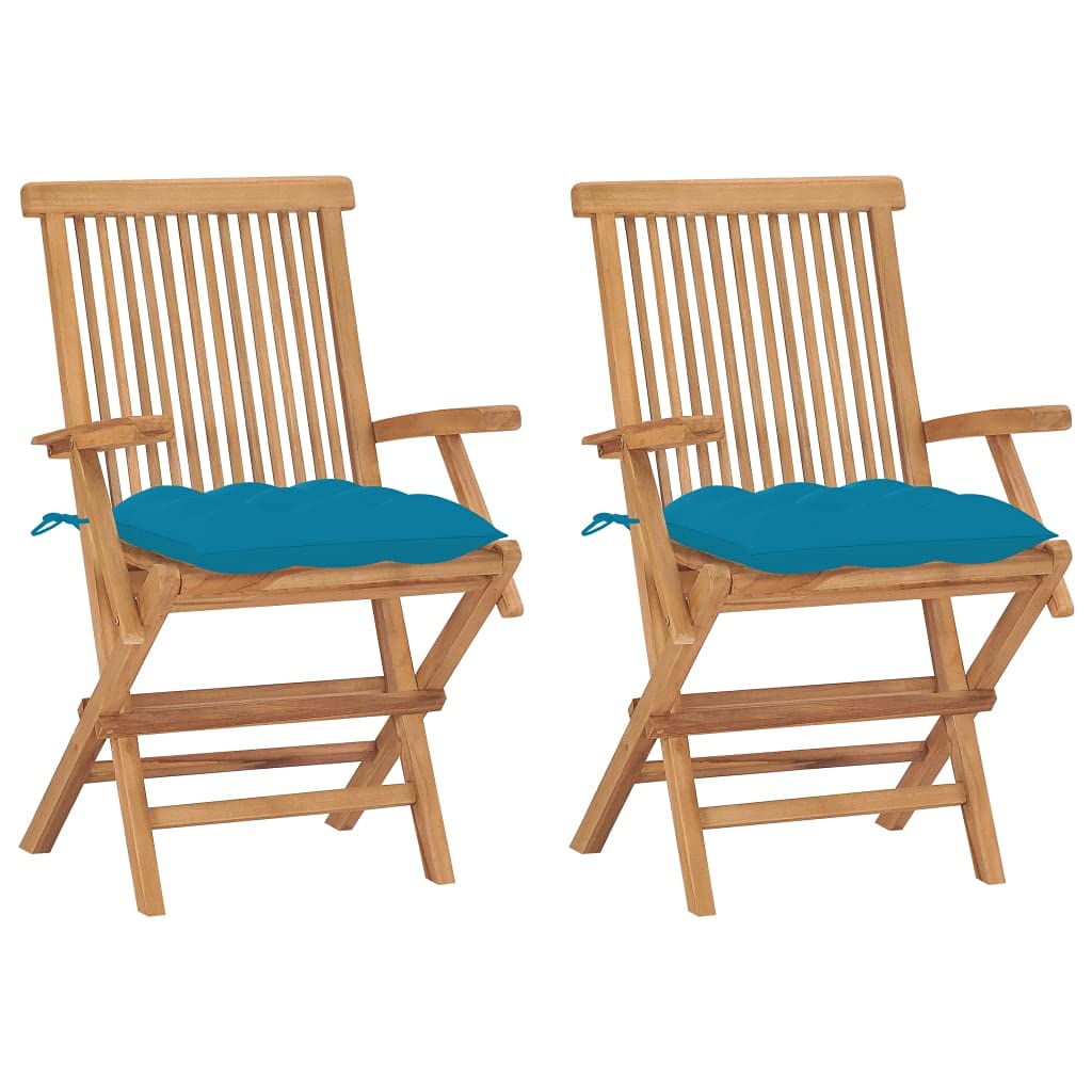 vidaXL 2X Solid Teak Wood Patio Chairs with Blue Cushions - Thumbnail 2