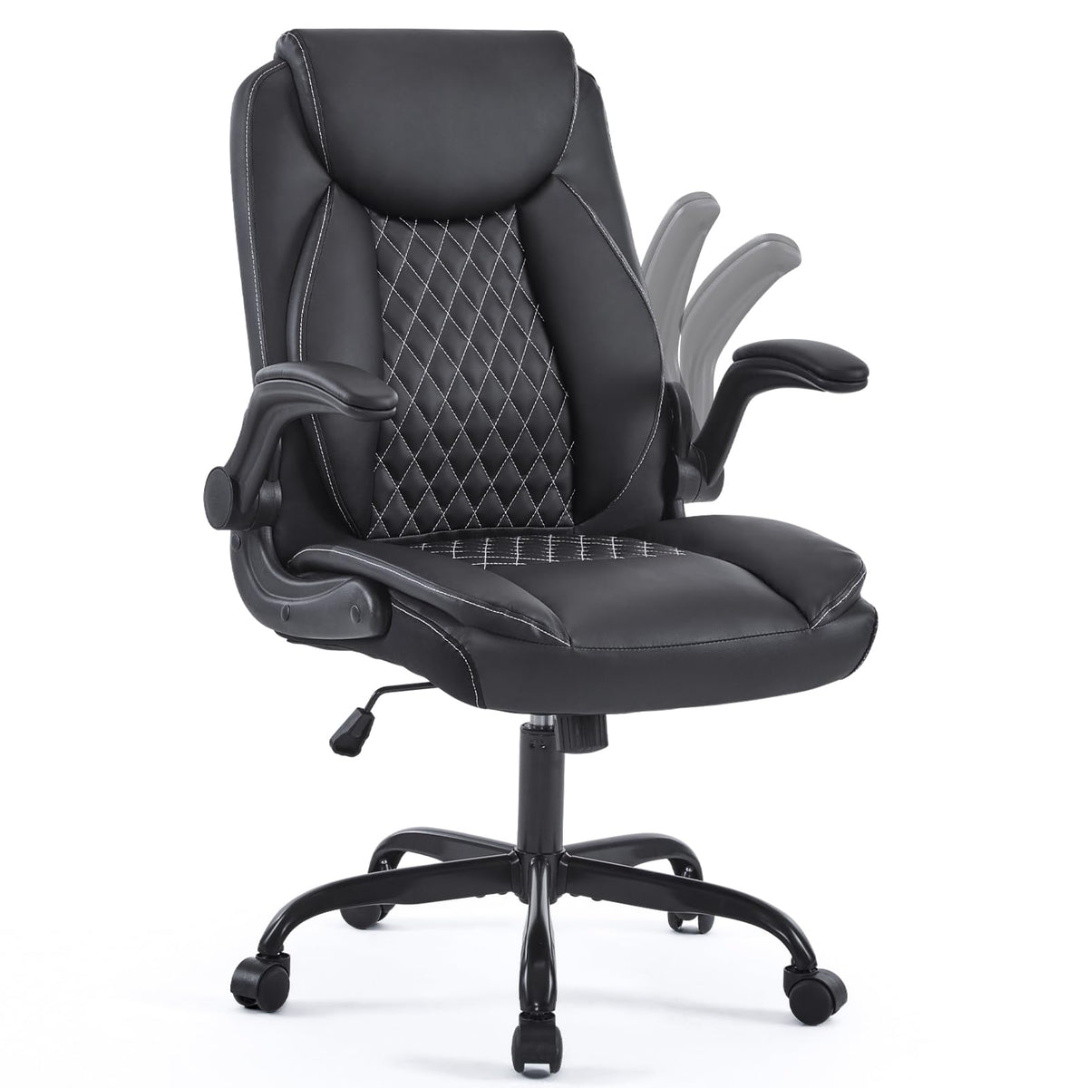 Yfo Leather Office Ergonomic Home Office Desk Chair, Back Support Swivel Executive Office Chair With Wheels And Flip-Up Armrests