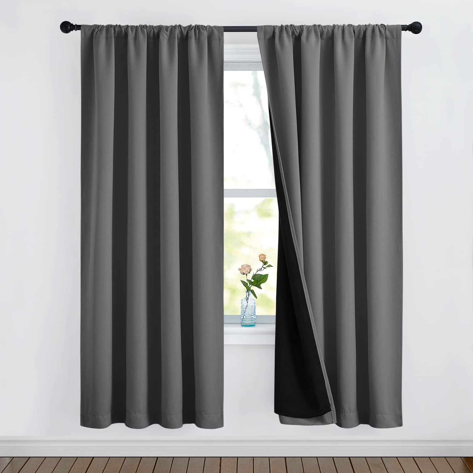 Nicetown Grey Full Shade Room Warming Curtain Panels, Pair Of Energy Smart Rod Pocket Blackout Drapes For Guest Room Window, The