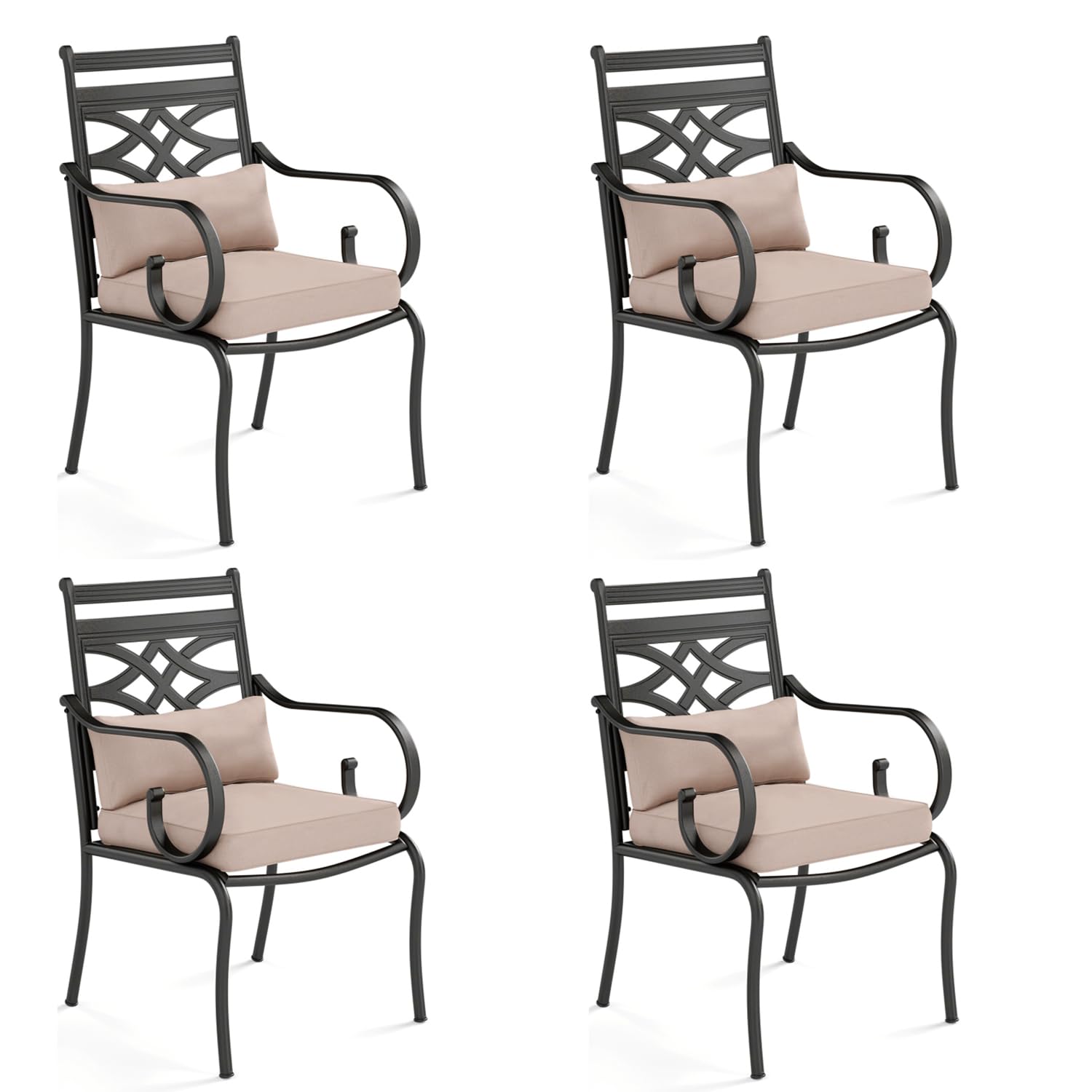 Mfstudio 4 Piece Black Patio Dining Chairs With Beige Thick Cushions,Outdoor Furniture Metal Chairs With Armest For Garden, Pool