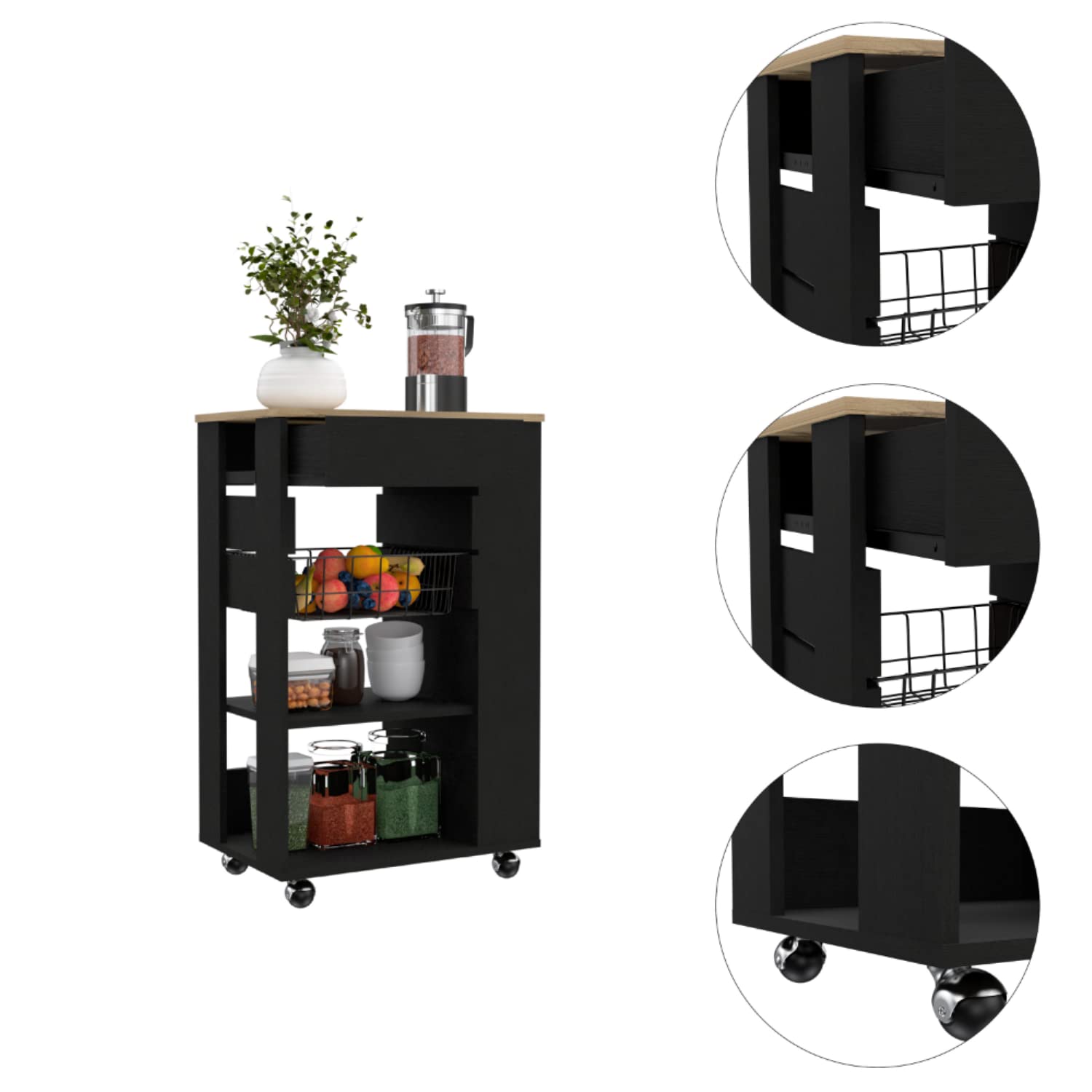 Rosemont Kitchen Cart, 2 Open Shelves, 4 Casters, 1 Drawer, Black/Light Oak