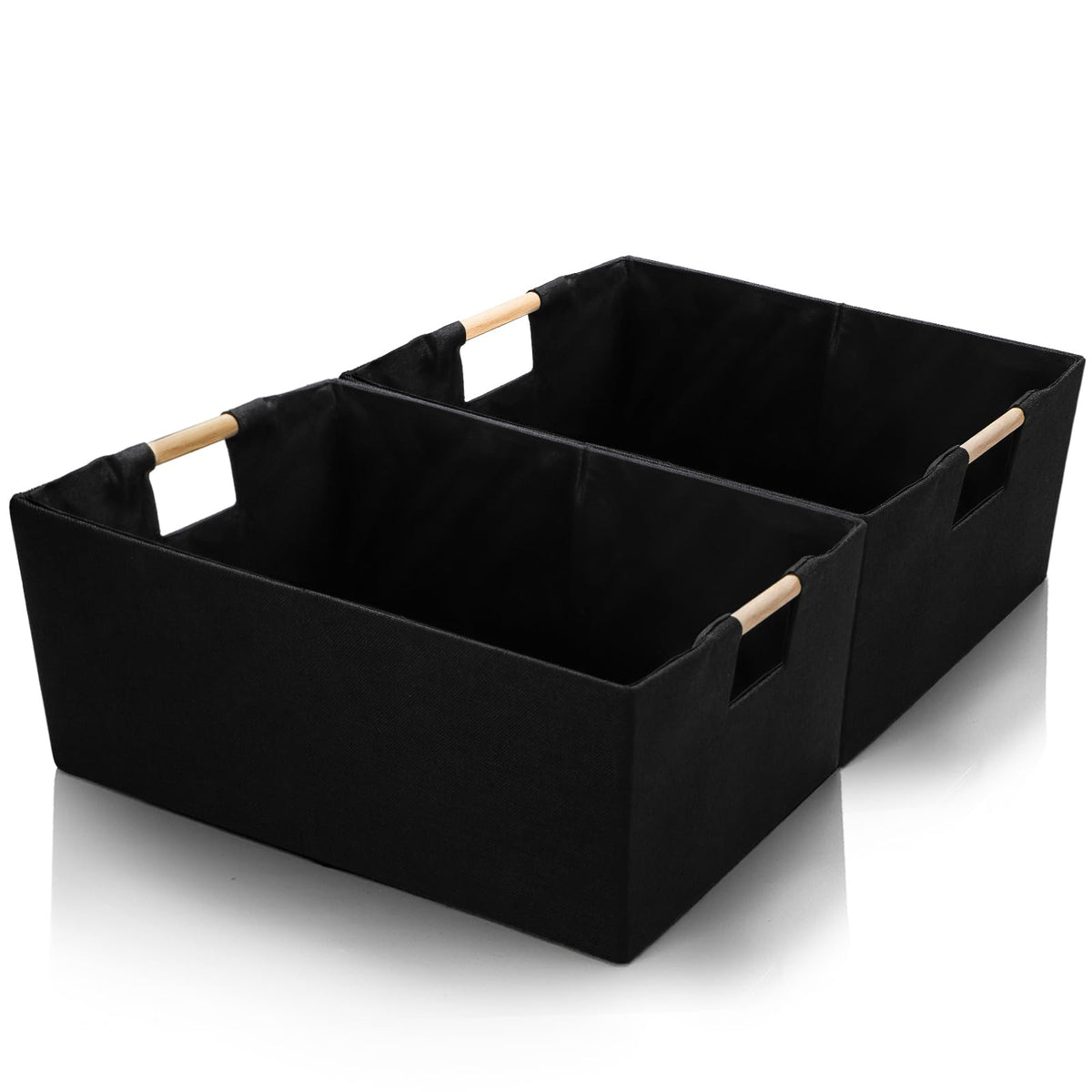 ZOOFOX Set of 2 Black Storage Baskets with Wooden Handles, Foldable Fabric Storage Bins for Closet and Shelves, Rectangular Orga