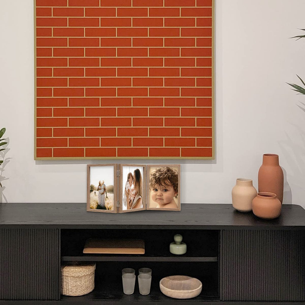 3 Picture Frame 4X6 Triple Hinged Mdf Wood Grain With Glass Front Three Opening Photo Frame Stand Vertical On Tabletop