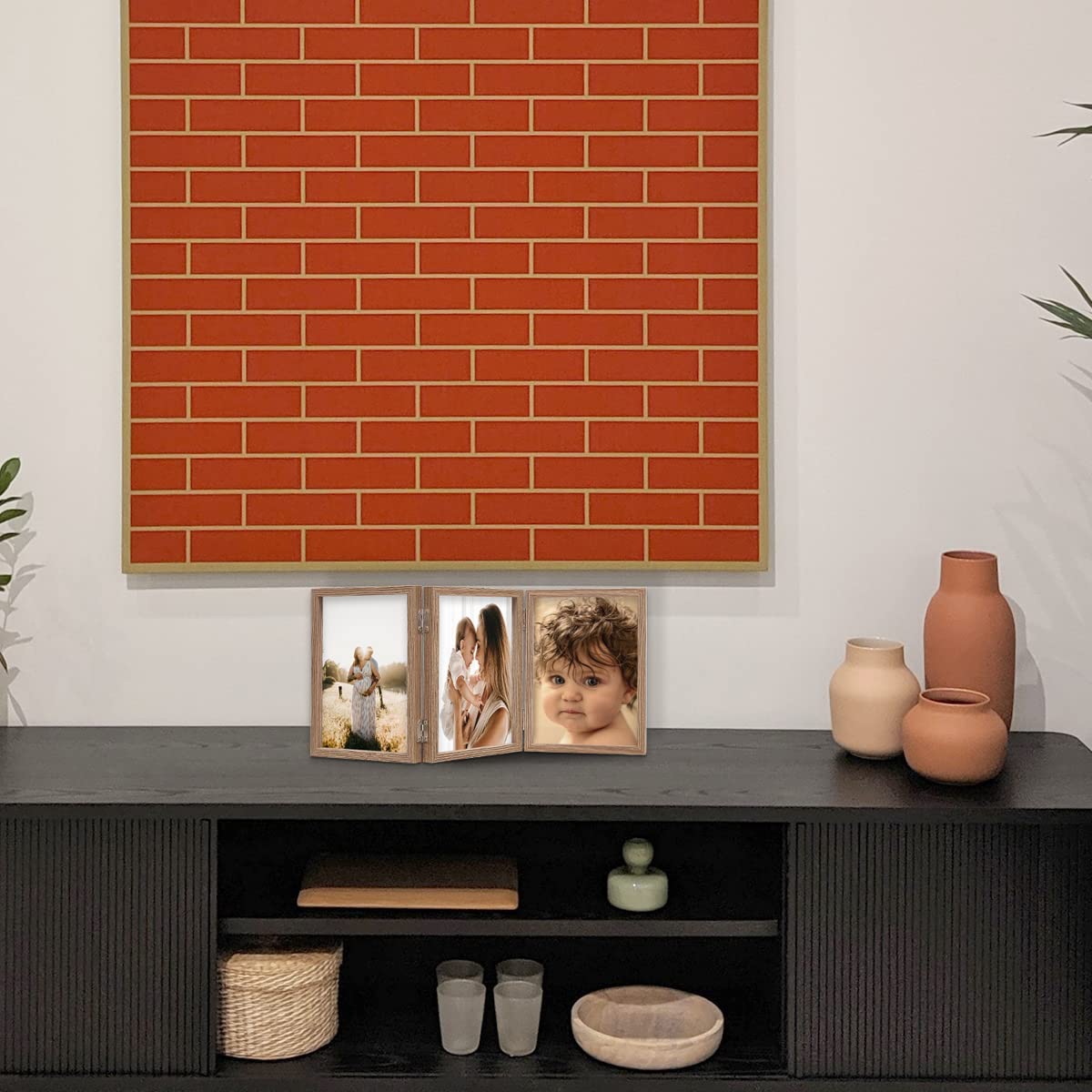 3 Picture Frame 4X6 Triple Hinged Mdf Wood Grain With Glass Front Three Opening Photo Frame Stand Vertical On Tabletop
