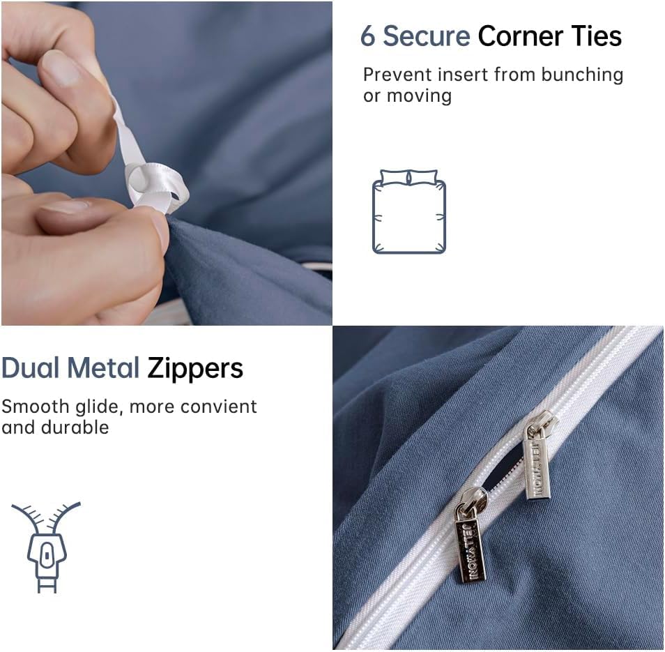 Jellymoni Blue Duvet Cover Full Size - 100% Washed Cotton Linen Like Textured Comforter Cover, 3 Pieces Breathable Soft Bedding