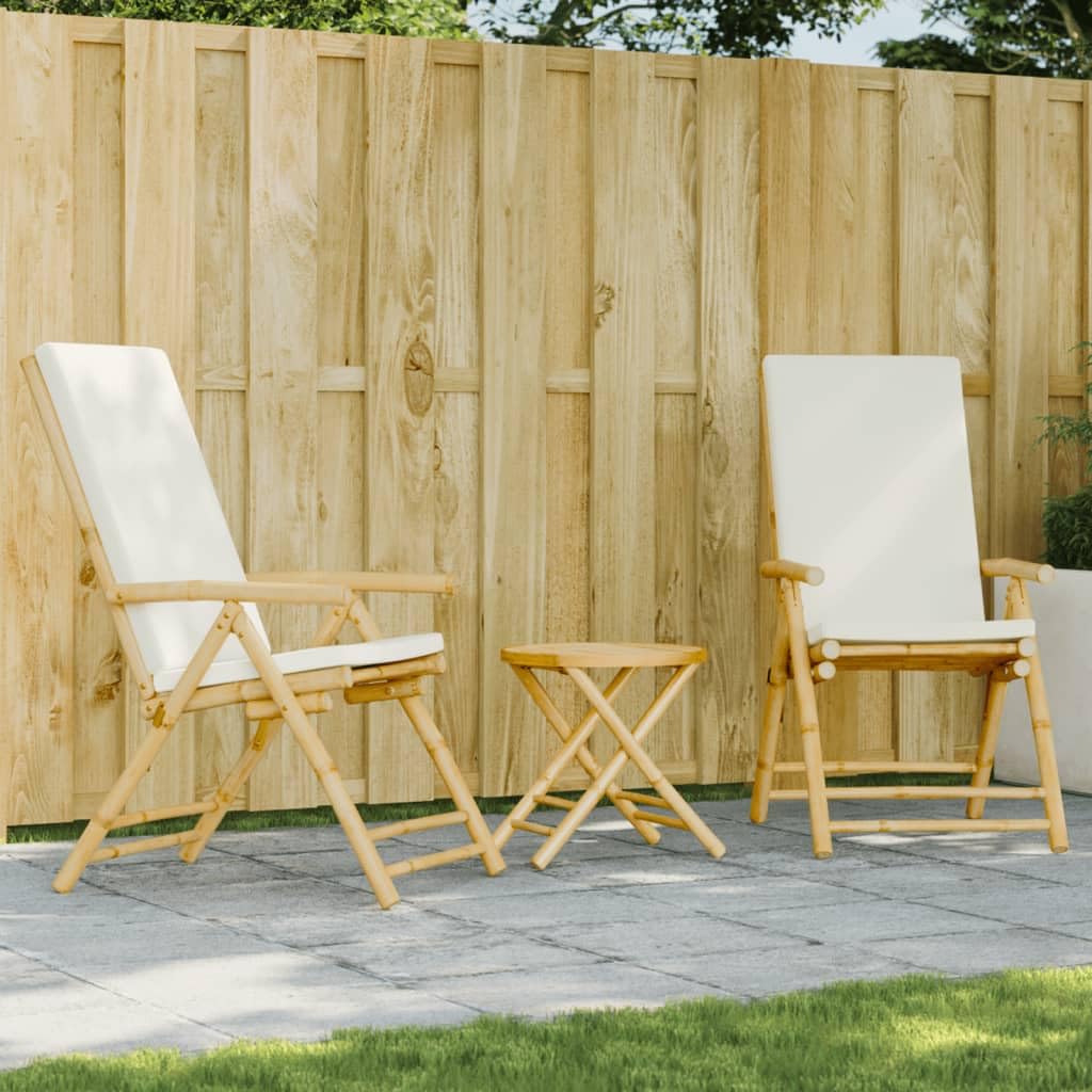 vidaXL 3 Piece Folding Bamboo Bistro Set with Cream White Cushions, Removable and Washable Covers, Foldable Design, for Patio, Backyard, Balcony