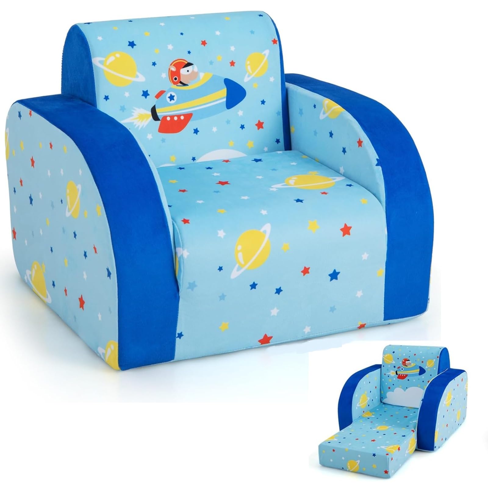 Costzon Kids Couch, 3 In 1 Convertible Flip Open Children'S Sofa W/Foam-Padded Seat, Toddler Armrest Chair Bed For Nap, Fold Out Lounger Kids Sofa, Gift For Children Boys Girls (Space Airplane)