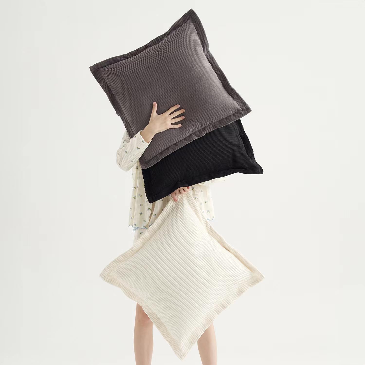 Coco Top Pack Of 3 Vintage Soft Throw Pillow Covers 20X20Inch, Boho Striped Corduroy Neutral Pillow Covers For Modern Farmhouse