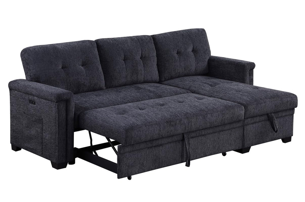 Lilola Home Ashlyn 83.5" W Dark Gray Chenille Reversible Sleeper Sectional Sofa with Storage Chaise, Charging Ports, Side Pockets