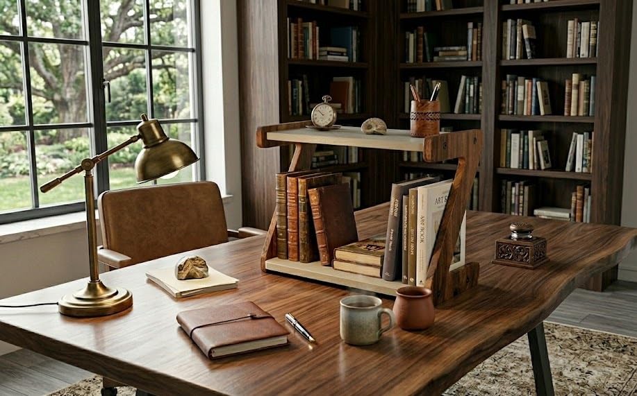 N.P Handicrafts Wooden Counter Top ZShaped Study Rack, Desktop Bookshelf With Upper Shelf, Home Office Organiser