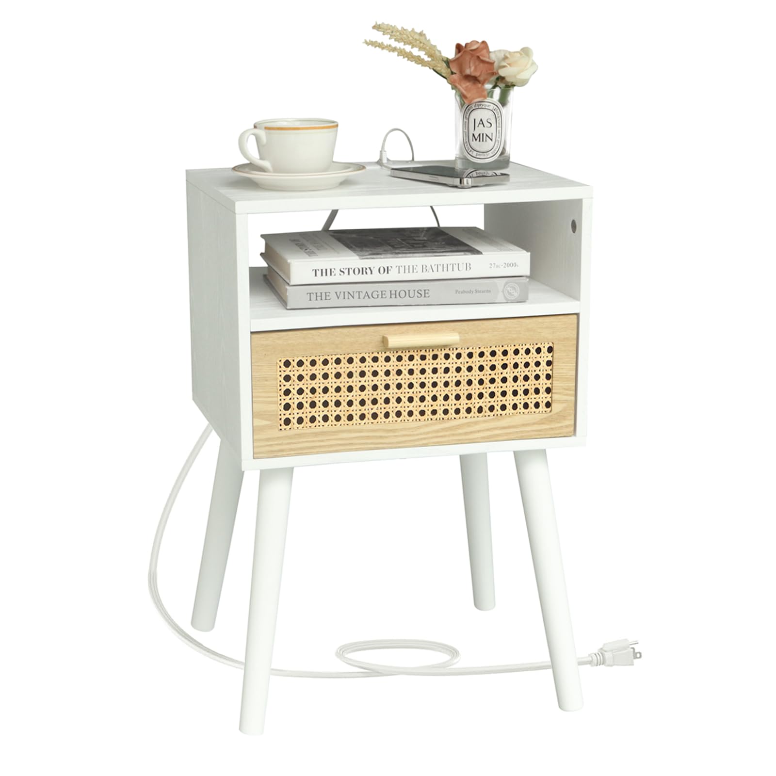 Maxsmeo Nightstand With Charging Station, Bedside Tables With Rattan Drawer, Mid Century Modern Nightstand, End Table For Living Room, Bedroom And Small Spaces, Easy Assembly (White)